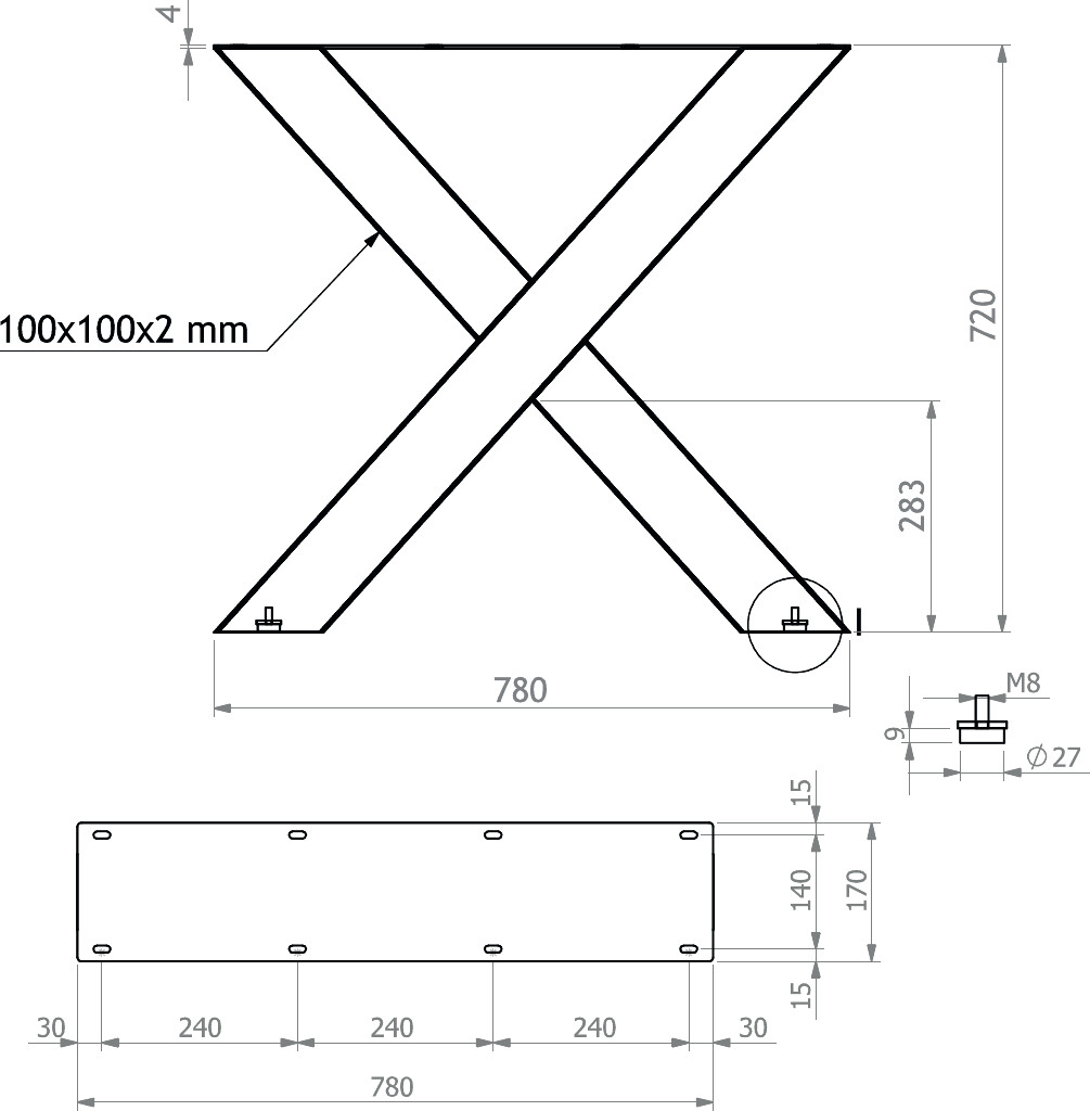 TAFELONDERSTEL X LARGE 10x10 MAT ZWART  H.72xB.78