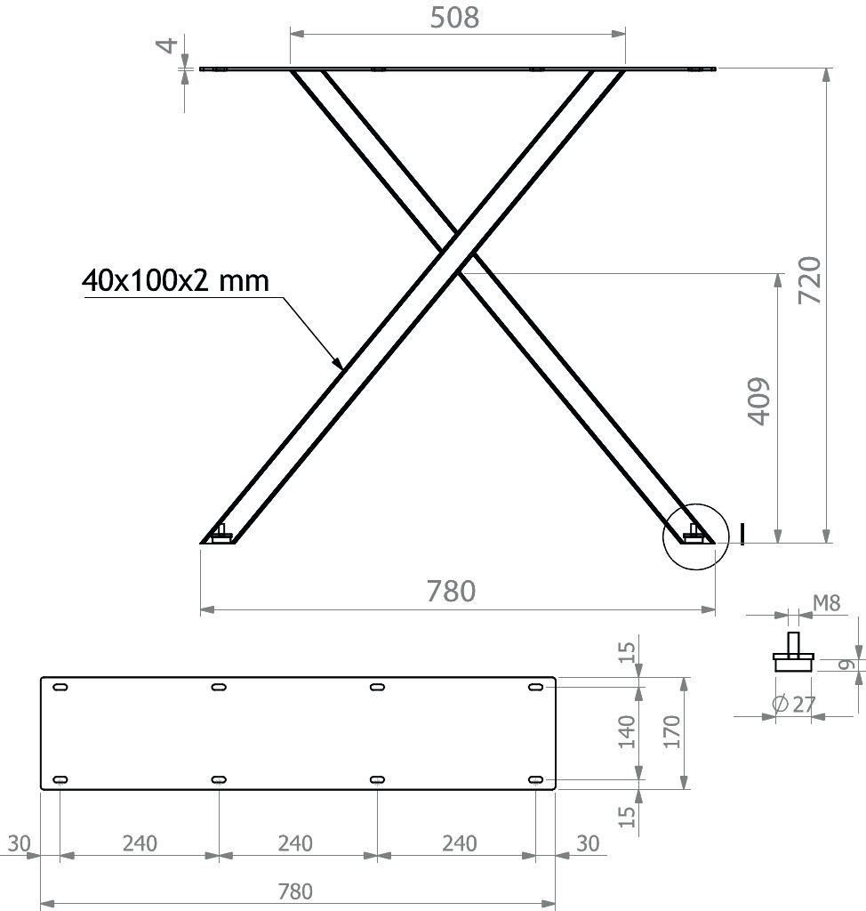 TAFELONDERSTEL X SMALL 4x10 MAT ZWART  H.72xB.78