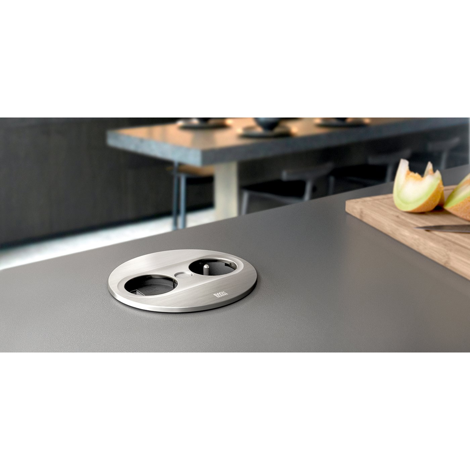 Twist2 rond inox b-f 1 prise + 2 usb a/c 22w 