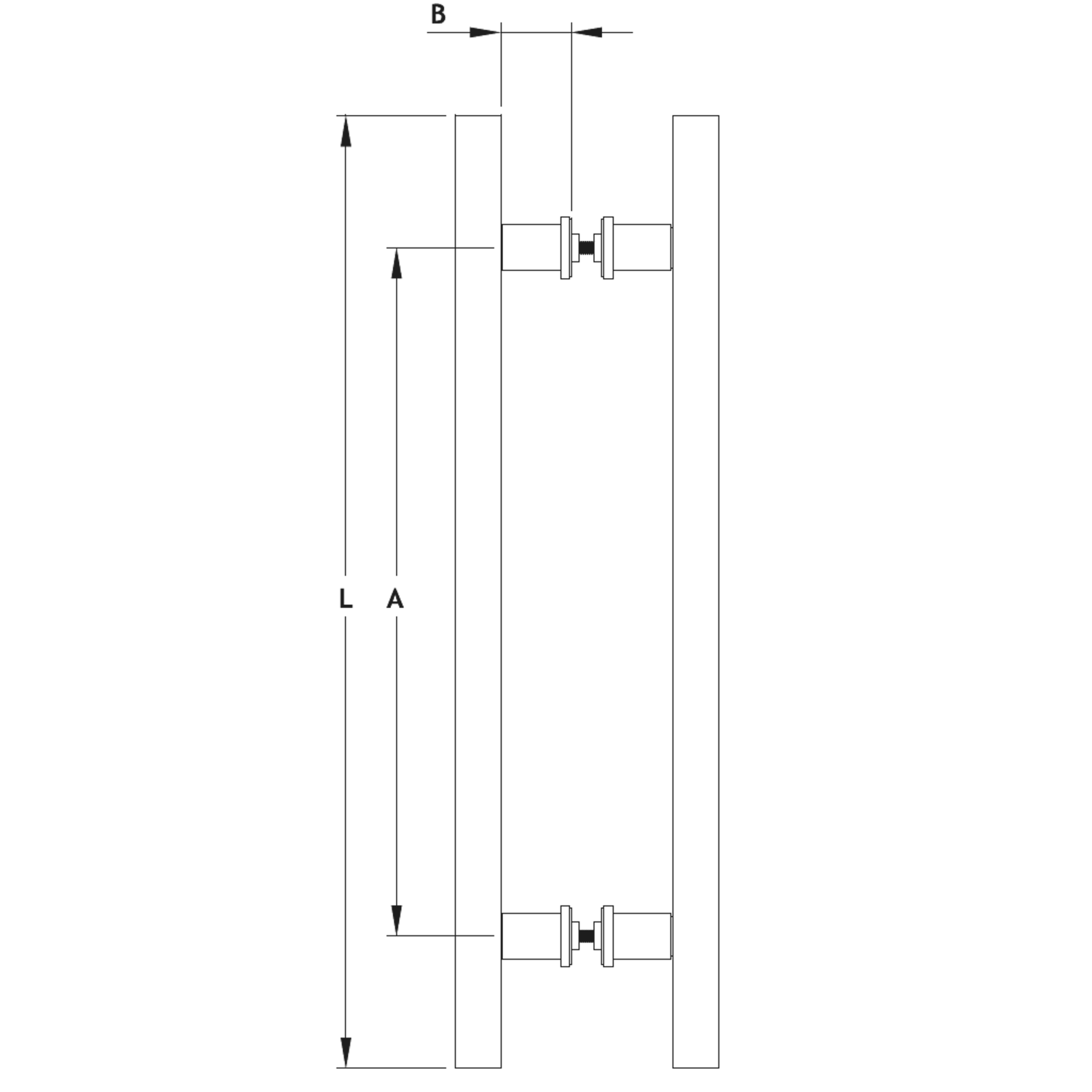 Paar vierkante deurgrepen, voor 6/12 mm glas, B15 H15 L310, aluminium met geborsteld rvs effect