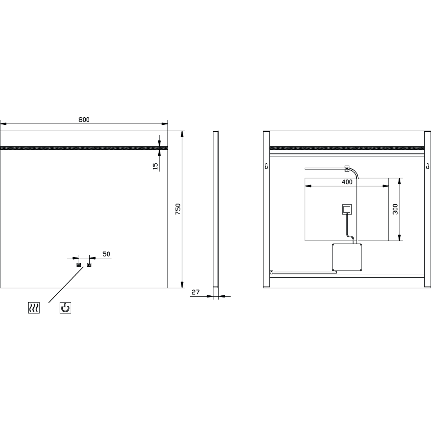 Miroir 800x750 led haut+kelvinch.+chauff 