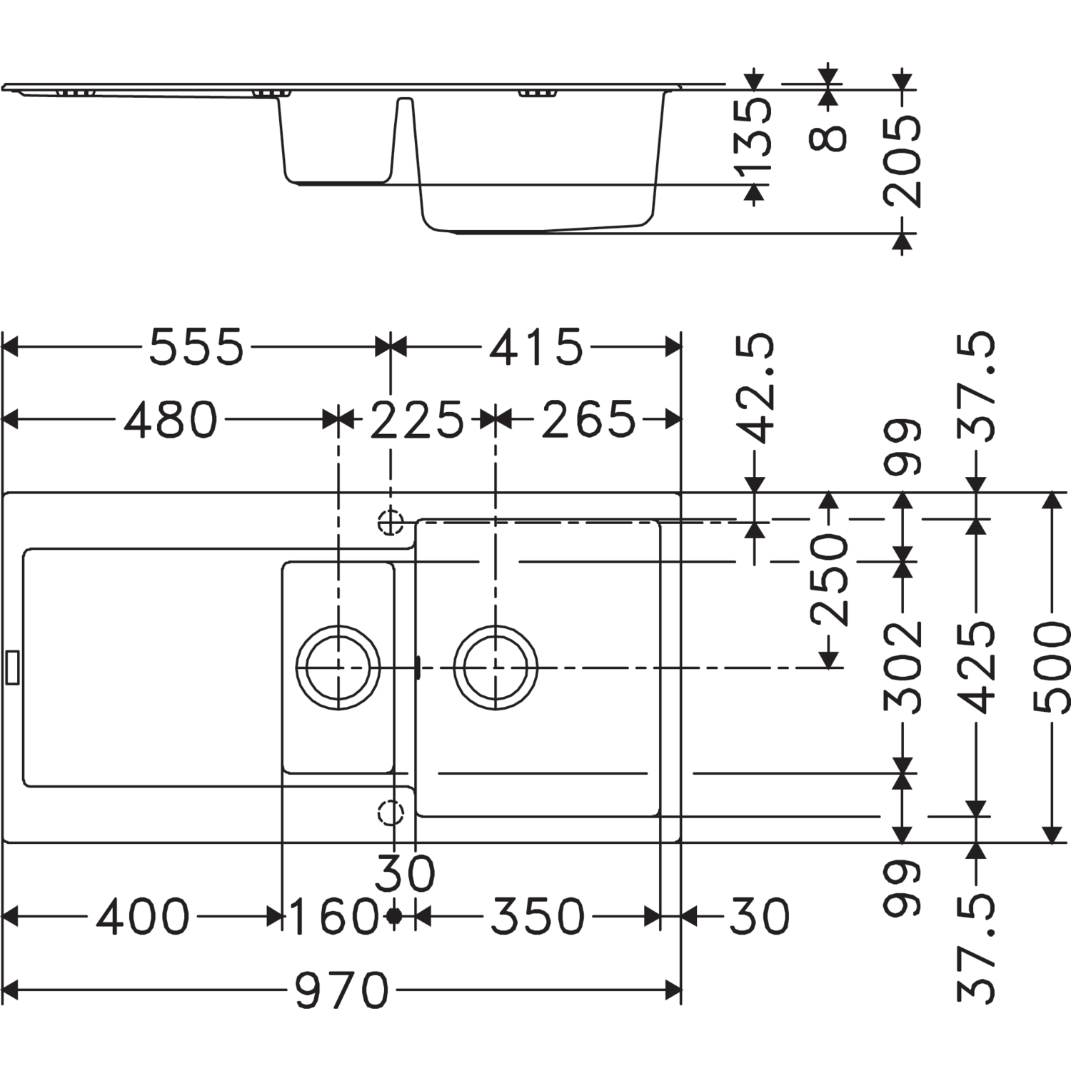 Maris - Inbouwspoeltafel / 970 x 500 mm / 1+1/2 bak / Steengrijs / Omkeerbaar