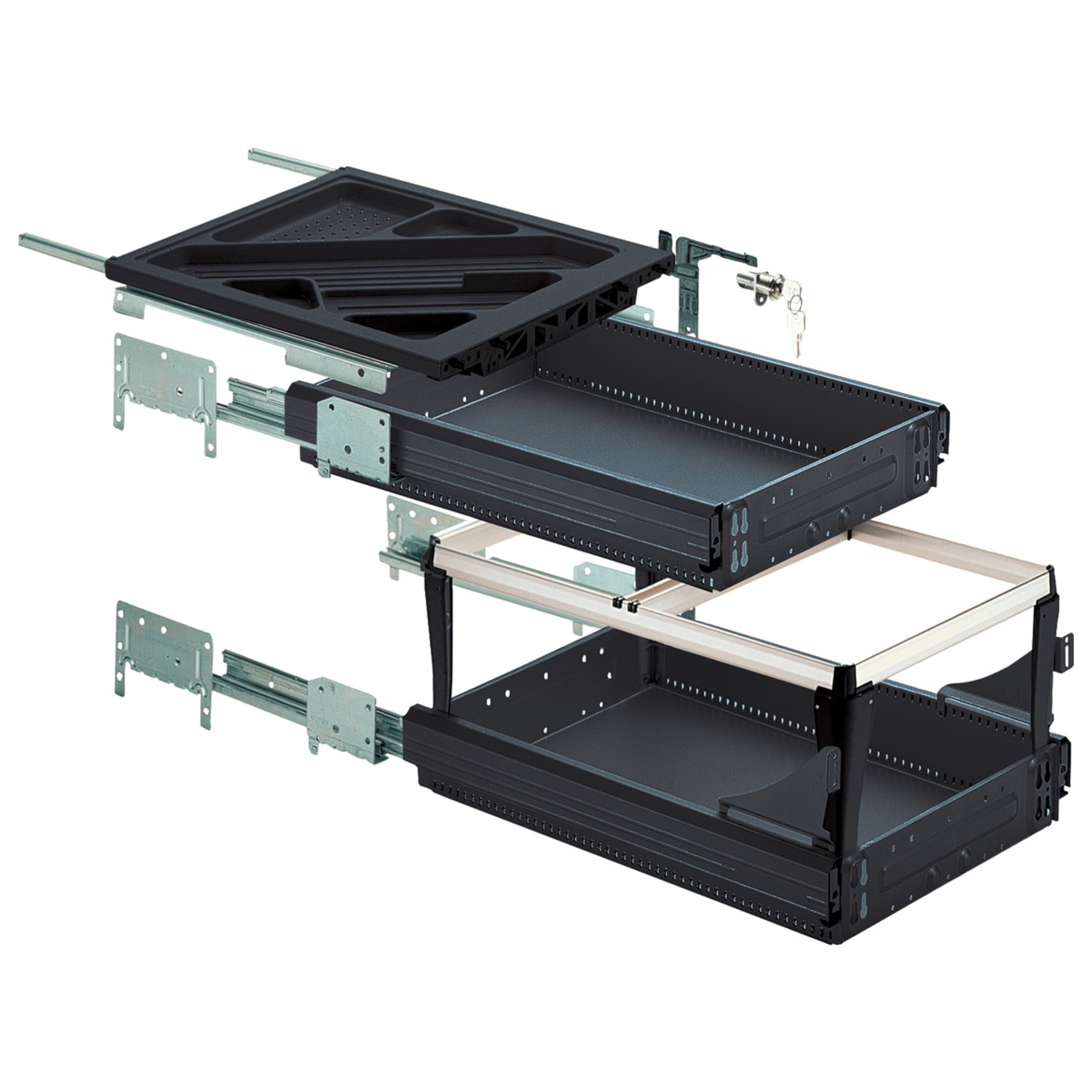 Kit de caisson avec coulisses à sortie totale et super extension, Profondeur d'installation (mini) 530 mm, noir