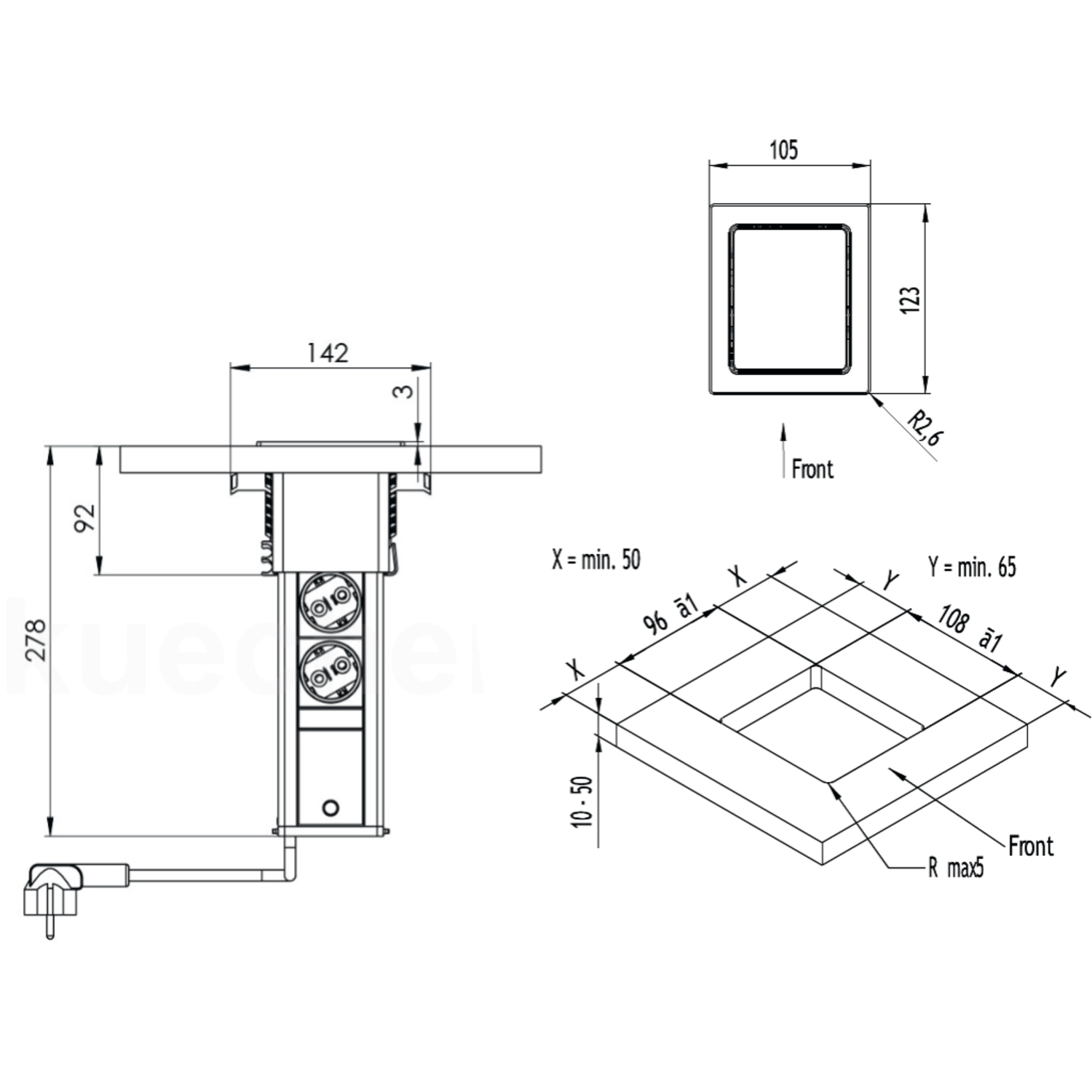 Evoline port push cuisine zwart glas b-f3 stopcont 3 stopcontacten