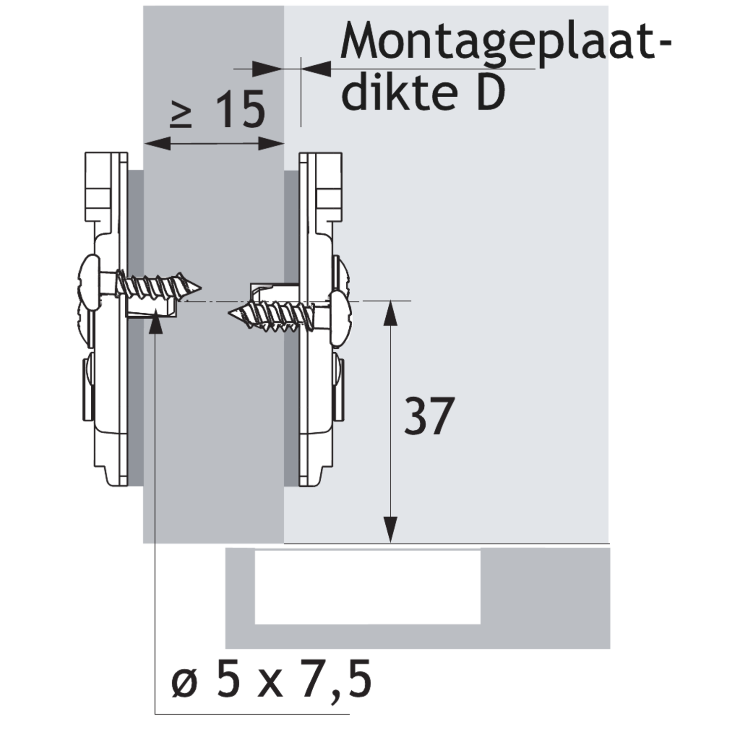 Kruismontageplaat met directe hoogteverstelling, vernikkeld, Rijboring 37 x 32 mm, Hettich Direkt met geleidetappen en speciale schroeven (voor boringen ø 5 x 7,5 mm), dikte 1.5 mm