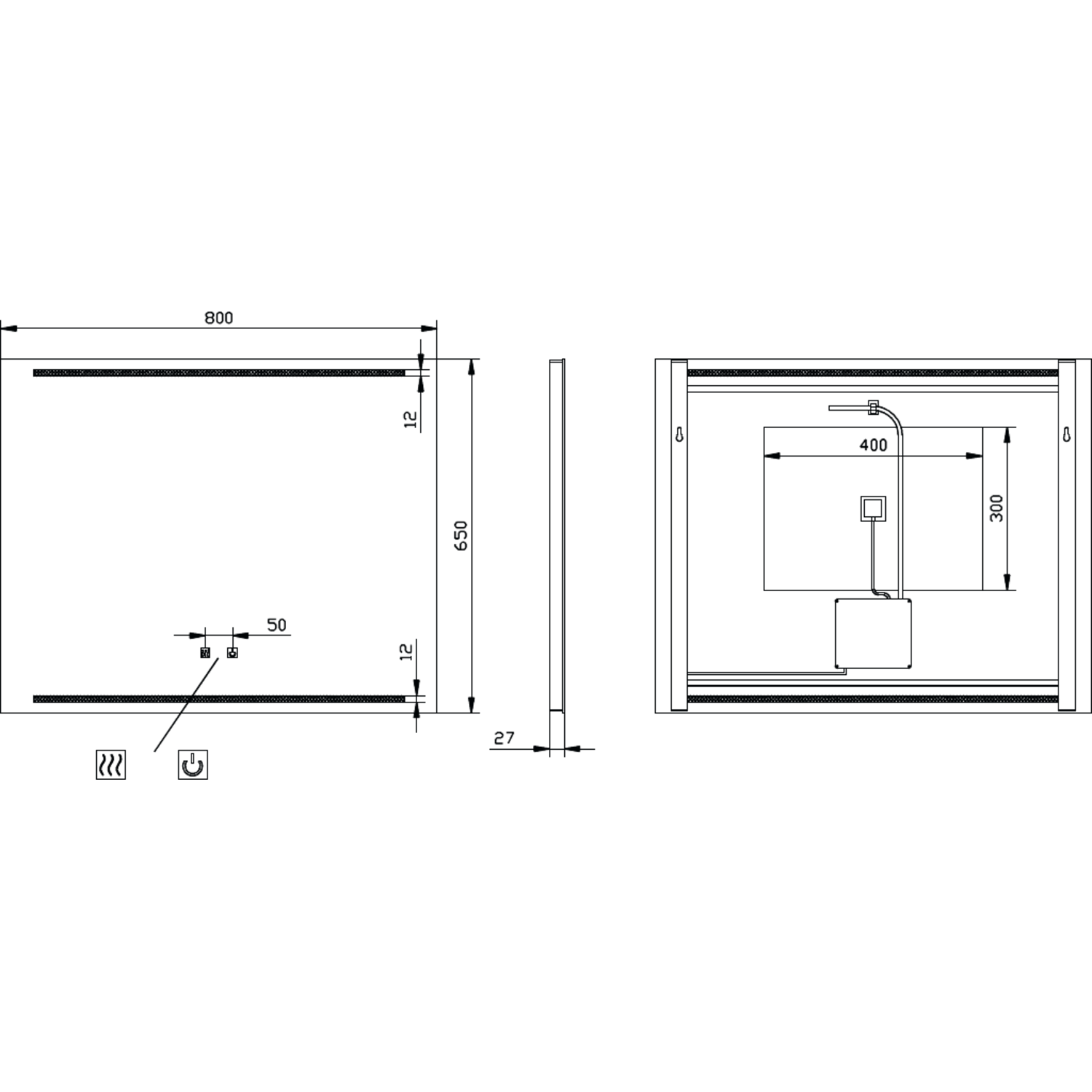 Miroir 800x650 led haut/baser+kelvinch.+chauff 