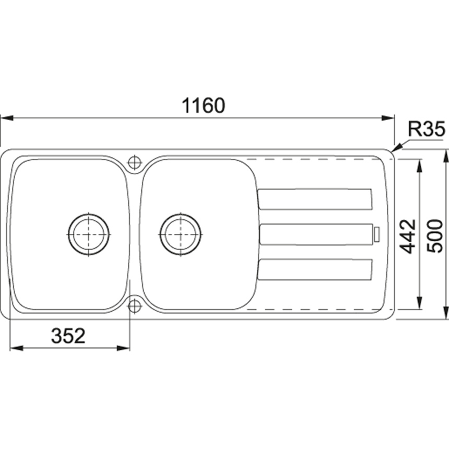 Antea - Inbouwspoeltafel / 1160 x 500 mm / 2 bakken / Metaal Wit / Omkeerbaar