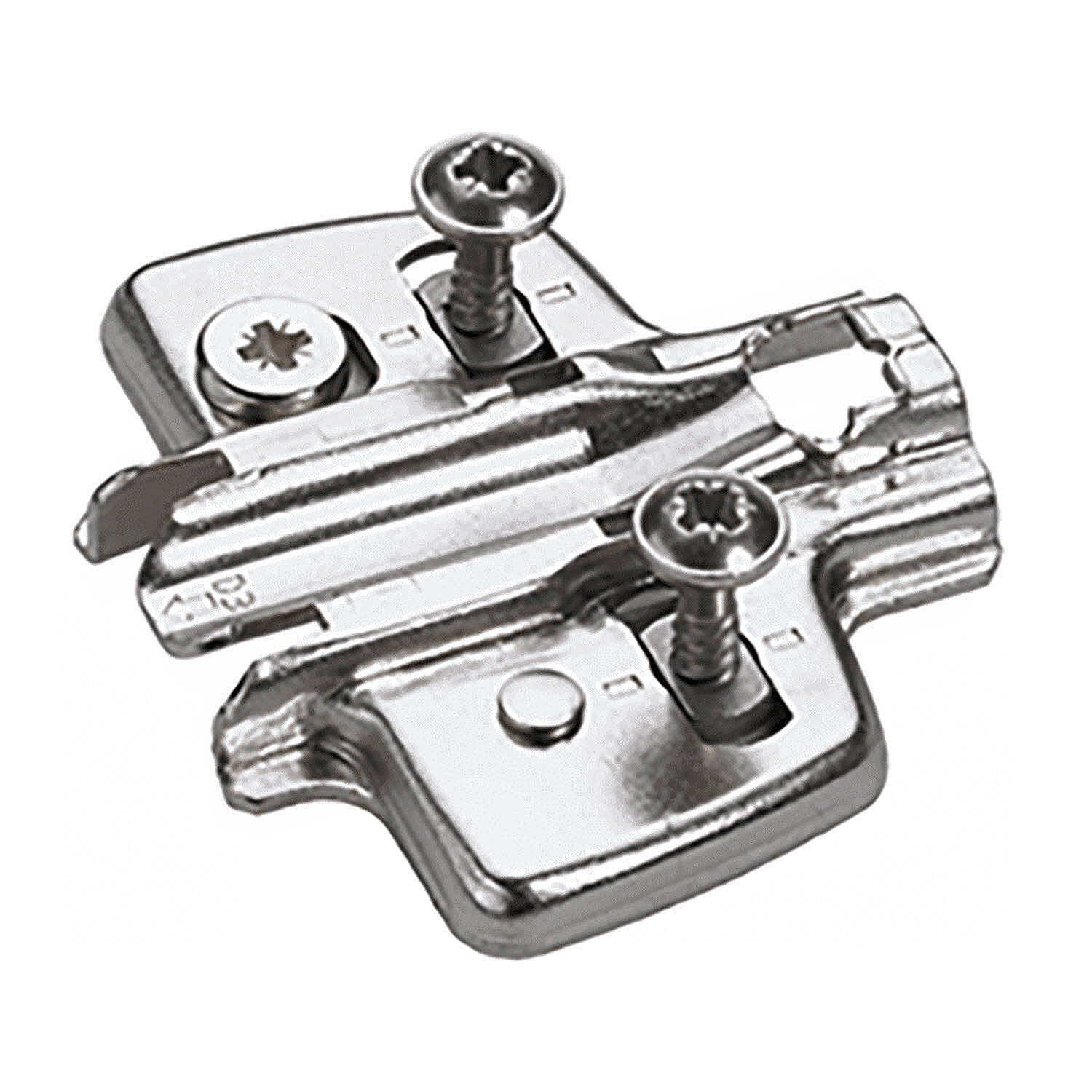 Kruismontageplaat met directe hoogteverstelling, vernikkeld, Rijboring 37 x 32 mm, Hettich Direkt met geleidetappen en speciale schroeven (voor boringen ø 5 x 7,5 mm), dikte 1.5 mm