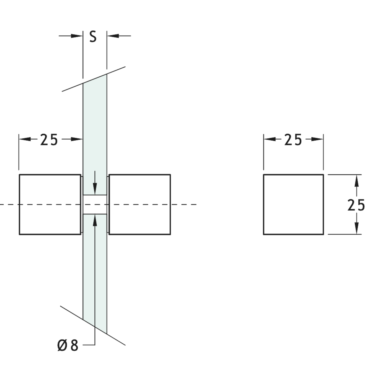 Paar deurknoppen, voor 8/15 mm glas, B25 H25 L25, geborsteld nikkel