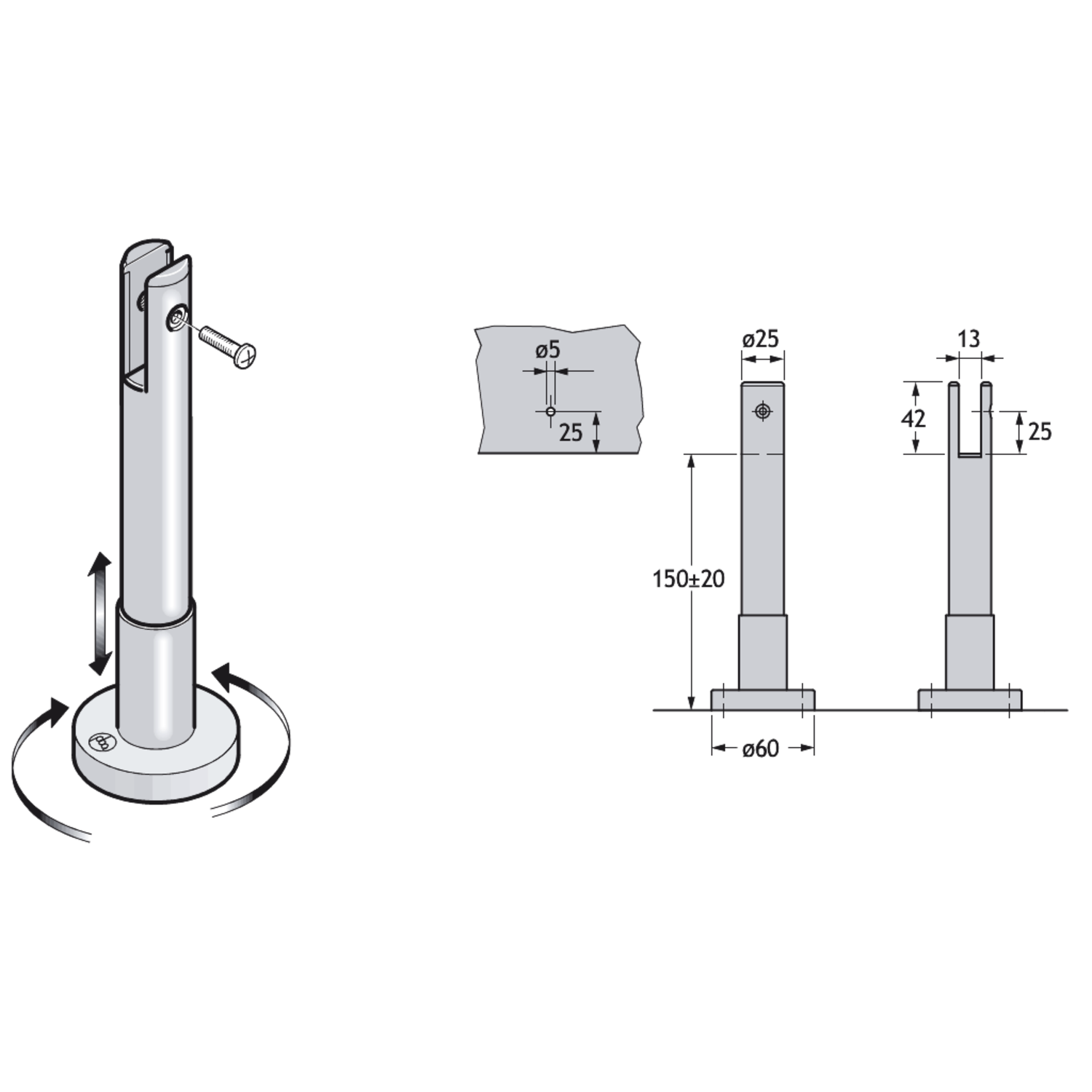 Pba 500-inox sat. pied reglable 130-170mm verre 13 mm