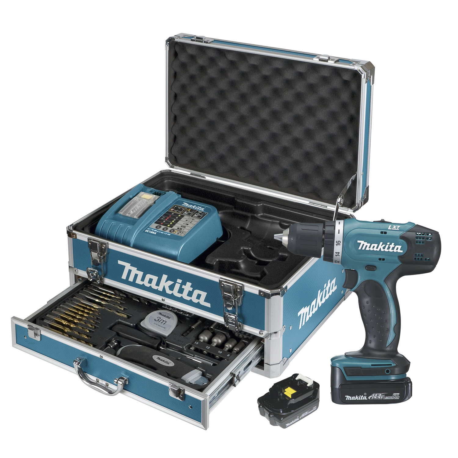 Makita combi-set 14.4v visseuse/perceuse  + 2 batteries + chargeur + 59 accessoires