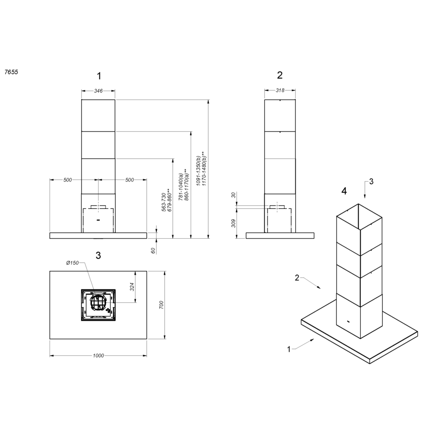 Novy Flatline 100 cm RVS (zonder motor) eiland