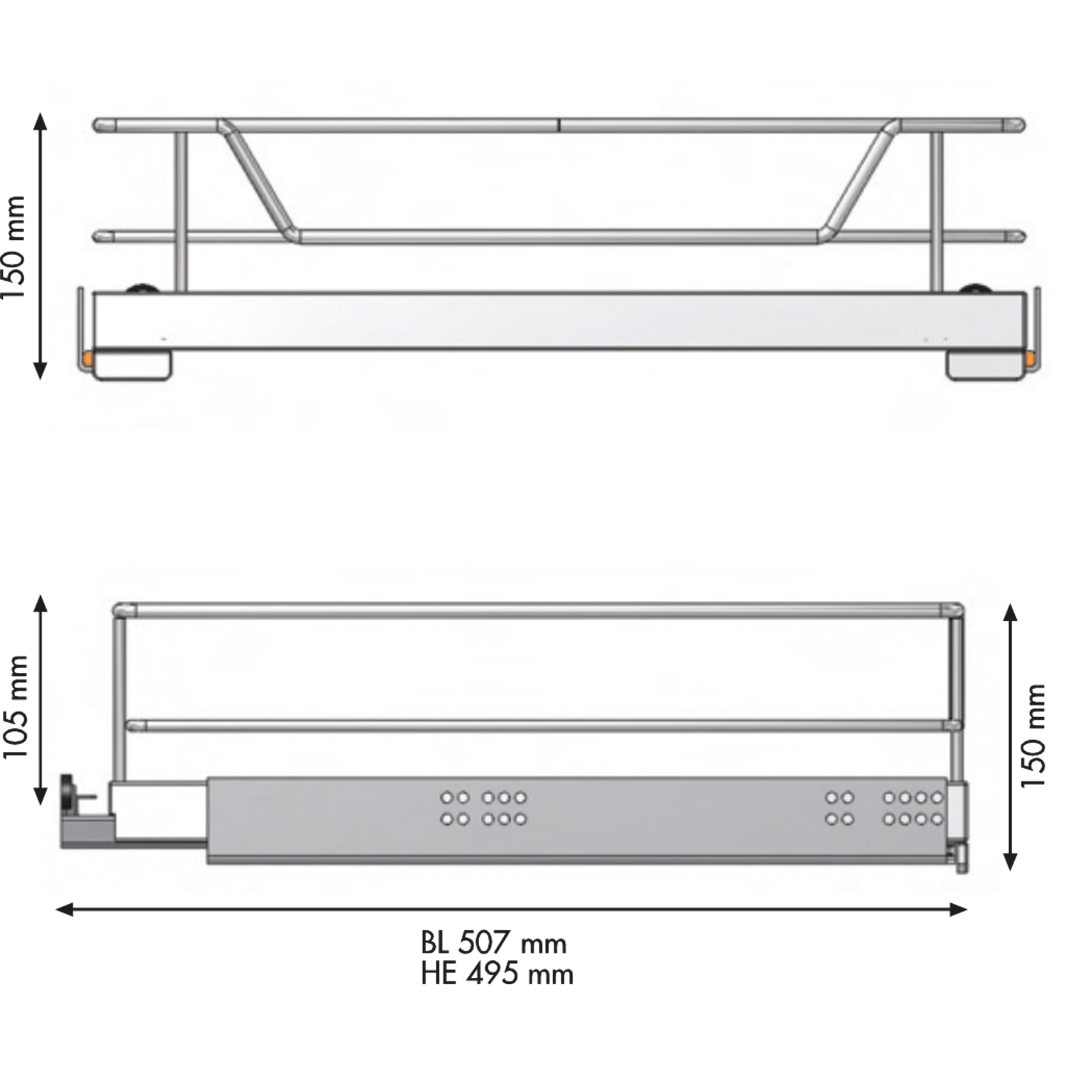 MC Line panier extensible 50cm blanc +hettich quadro ss 30kg+entretoises