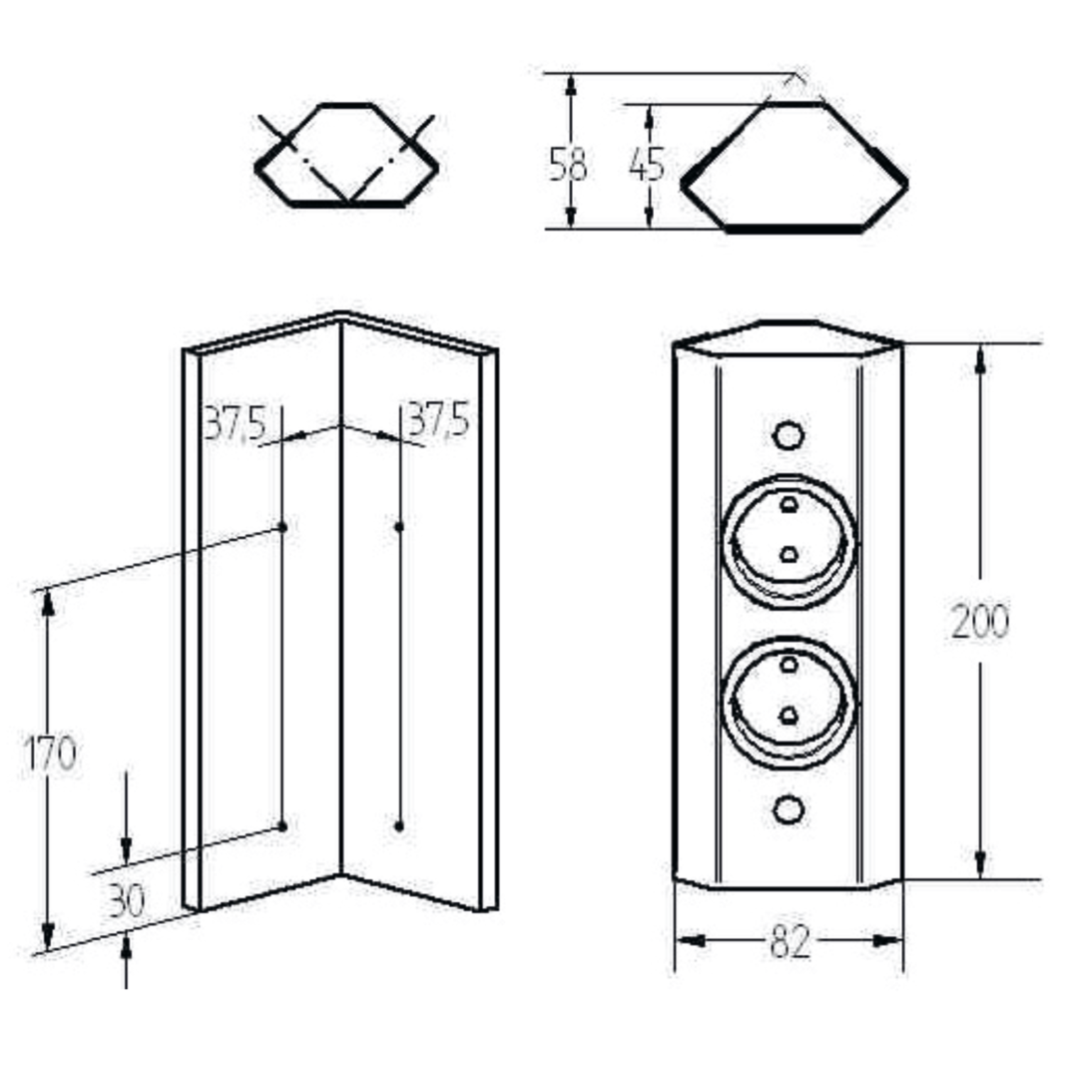 Box multiprises 2p b-f 200mm inox  