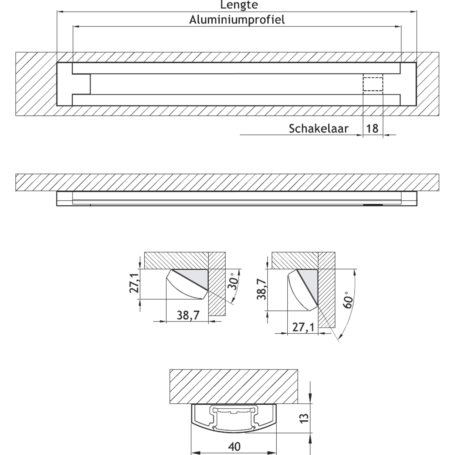 LD8003 a-SMD led profil à poser 830mm 4000°k 12W 24V+interrupteur 
