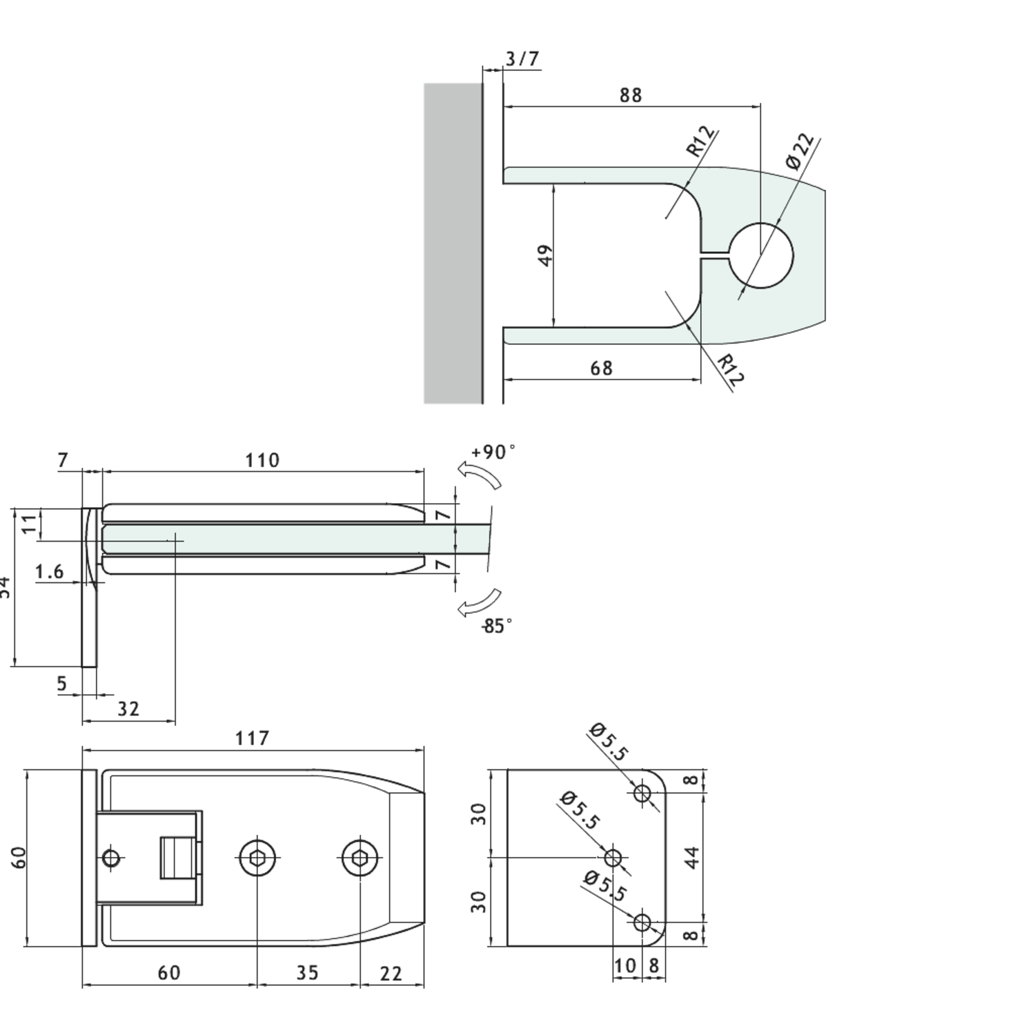 Verstelbare laterale scharnier wand/glas, voor 8/12 mm glas, B110 H60, geborsteld rvs effect