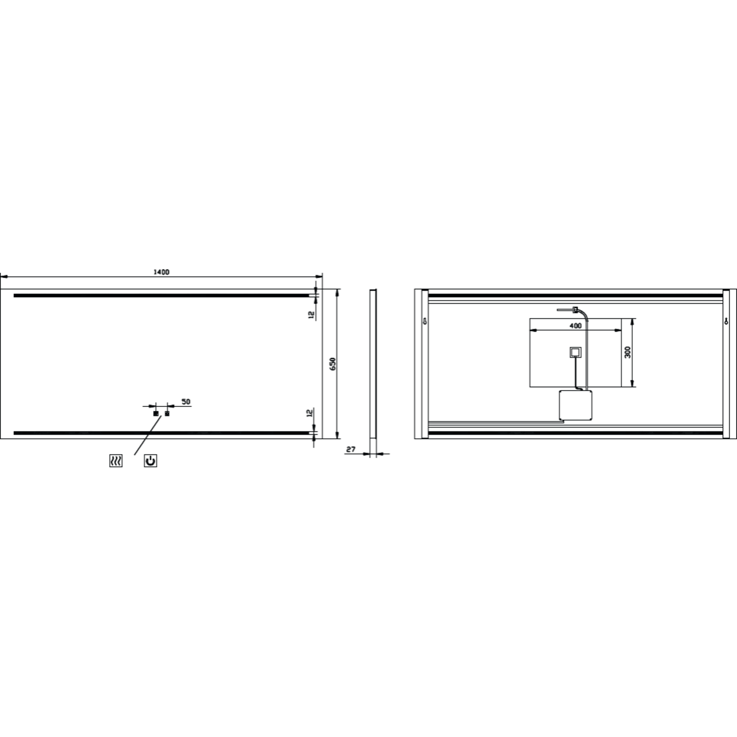 Miroir 1400x650 led haut/bas.+kelvinch.+chauff 