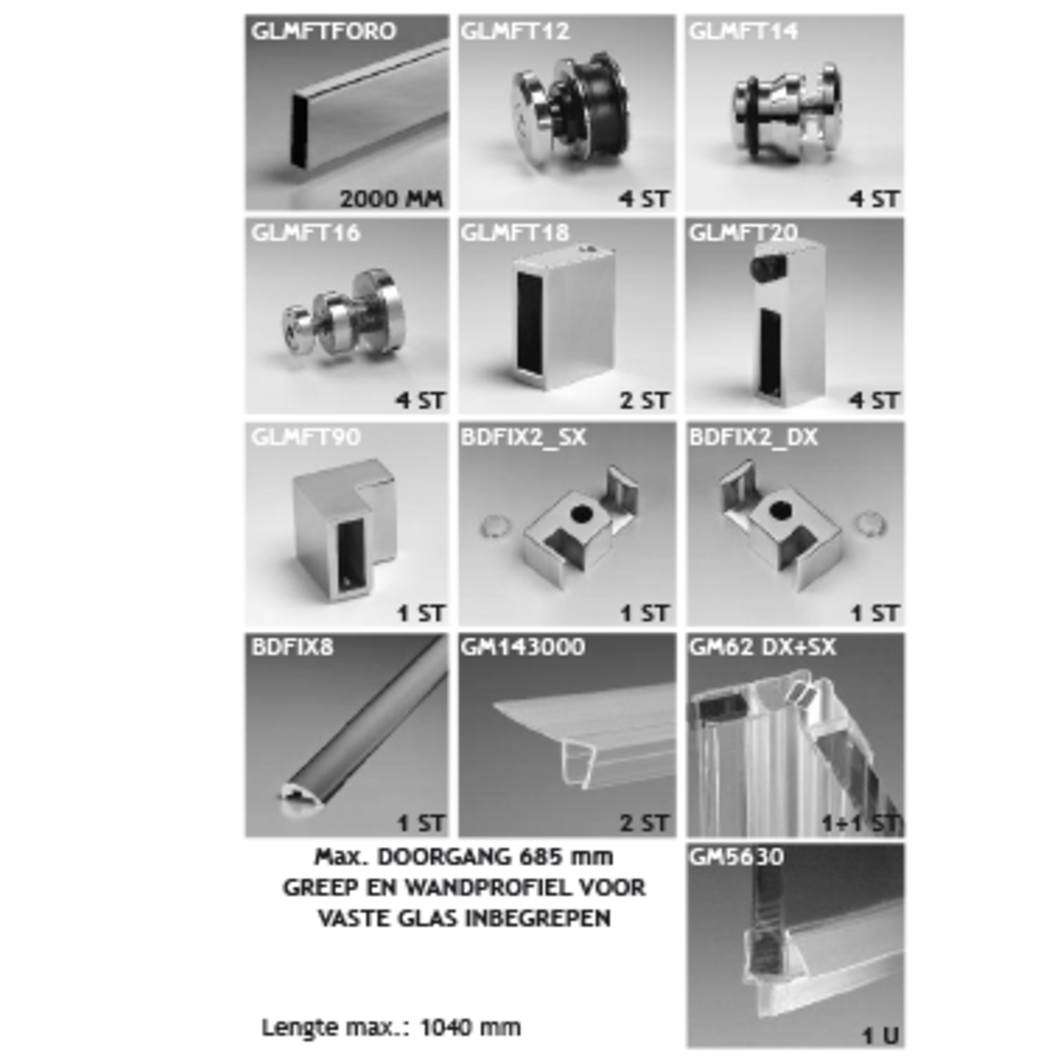 Toebehoren douche met schuifdeur wand/hoek/wand voor gekitte vaste glaspanelen, glanzend rvs