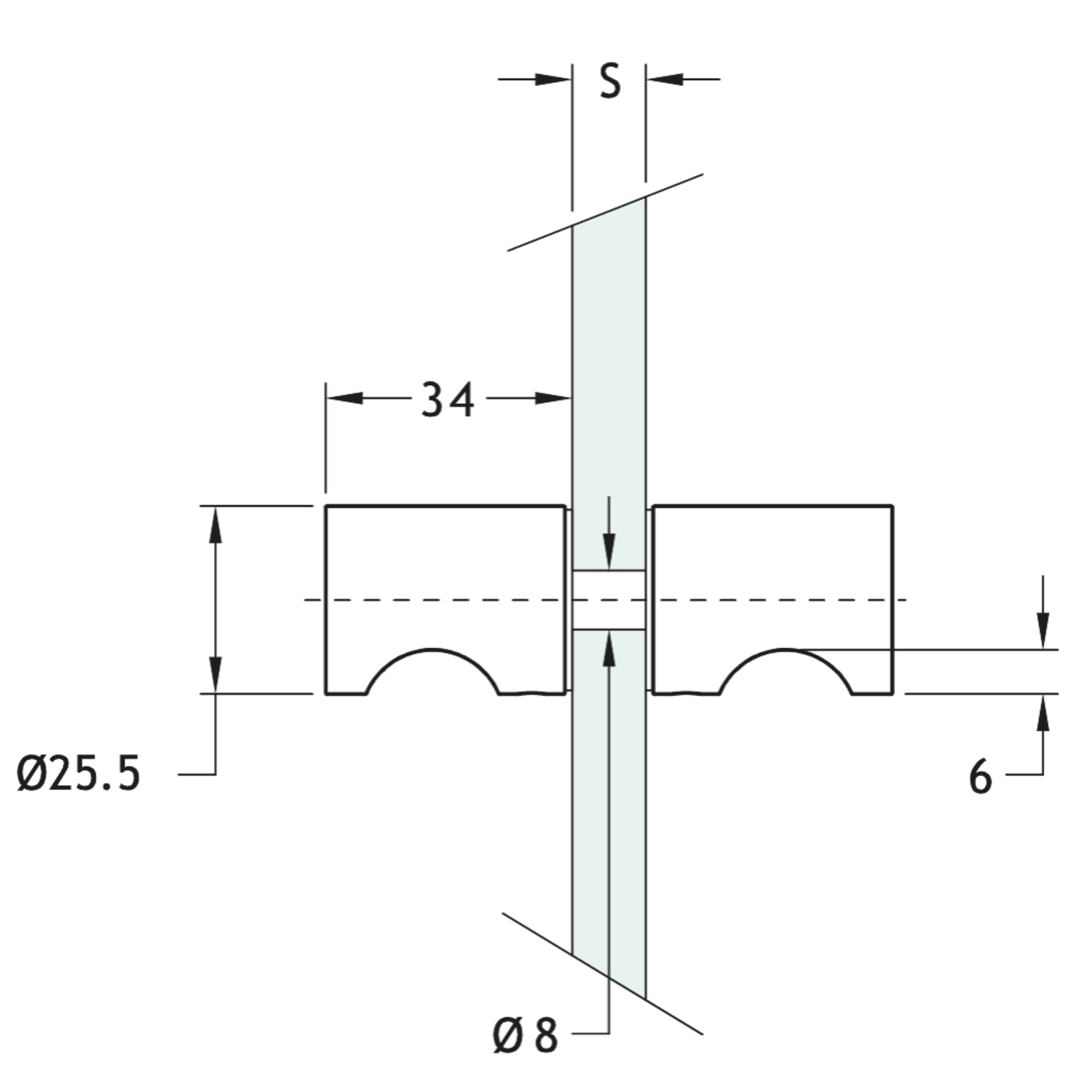 Paar knoppen met greep, voor 6/12 mm glas, B34 L25, geborsteld rvs effect