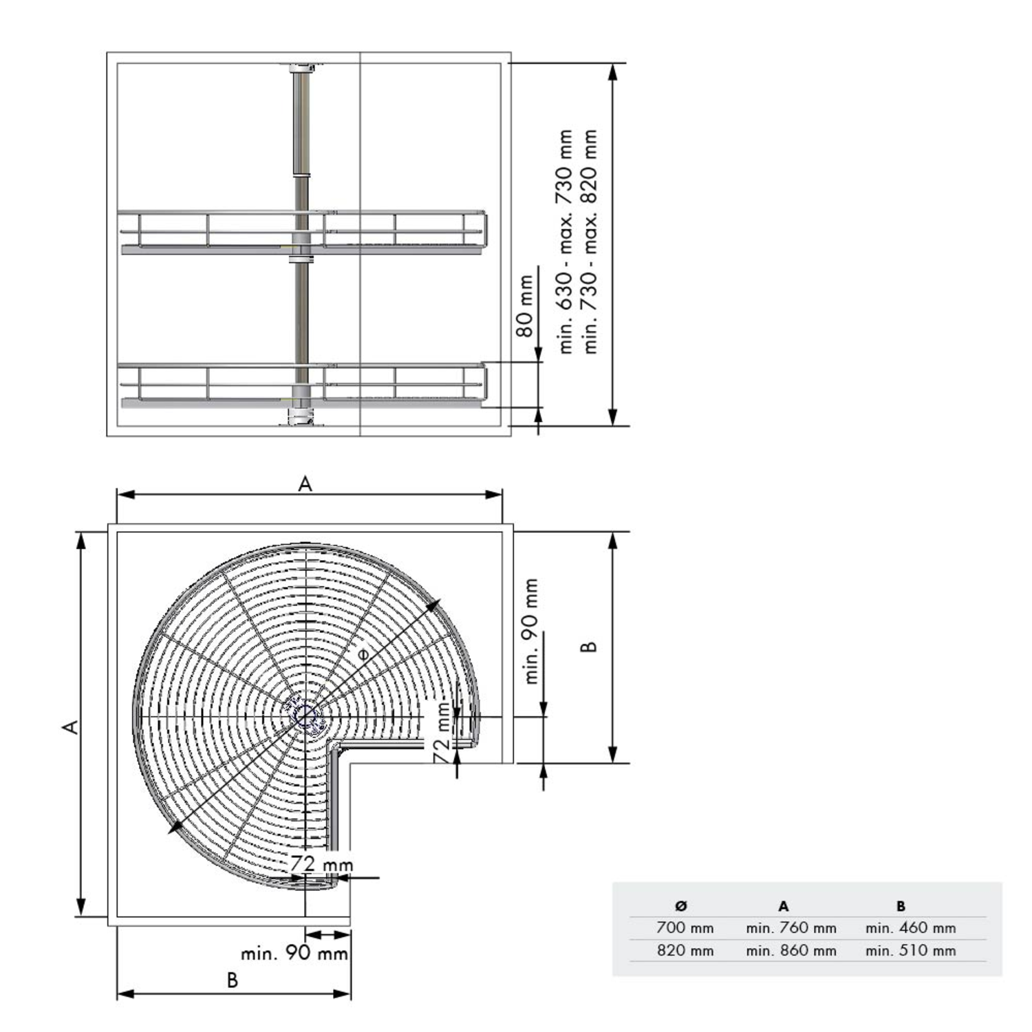MC Line panier tournant 3/4 d.700mm 270ø chrome h:630-730mm