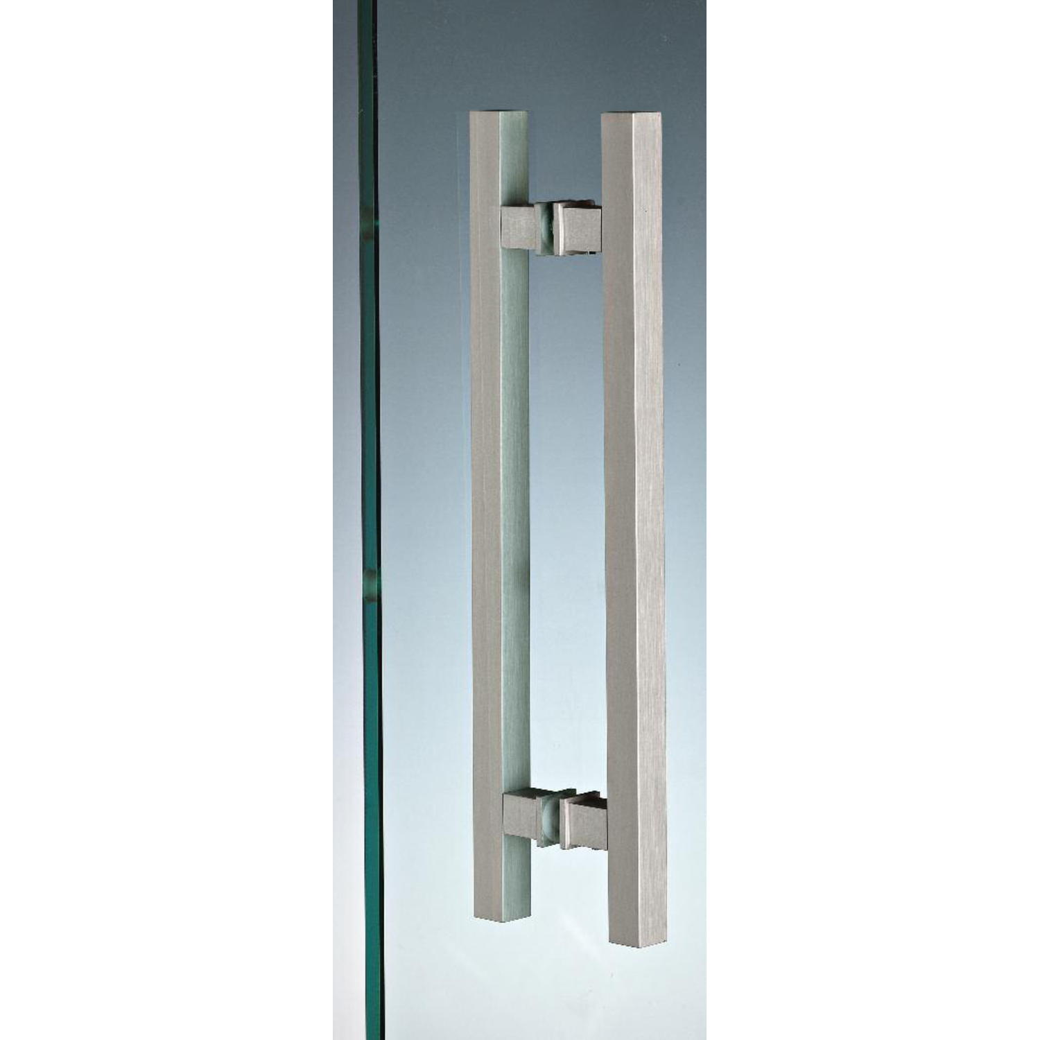 Paar vierkante deurgrepen, voor 6/12 mm glas, B15 H15 L310, aluminium met geborsteld rvs effect