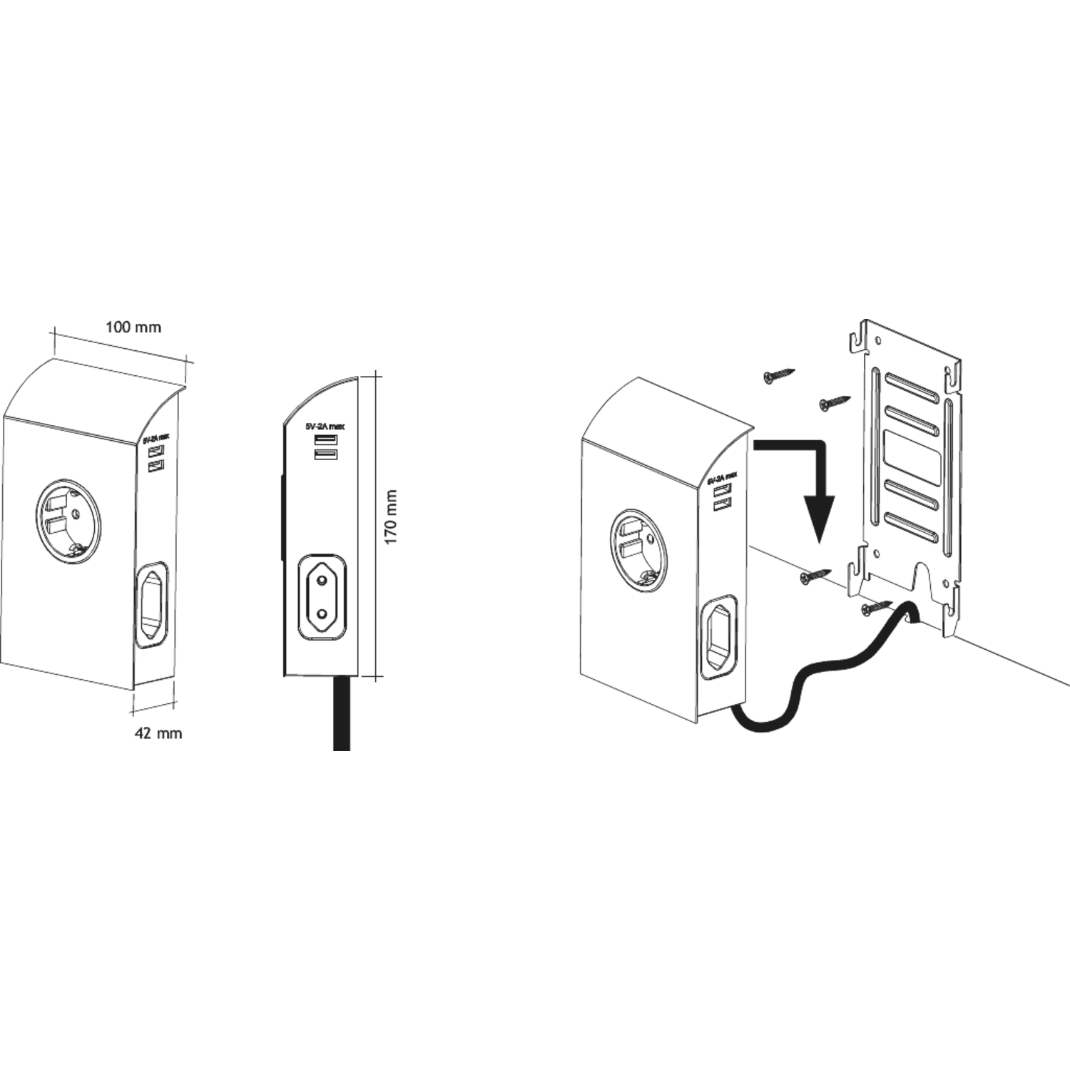 Born bloc prises noir mat b-f 1x16a - 2x6a - 2usb   2a