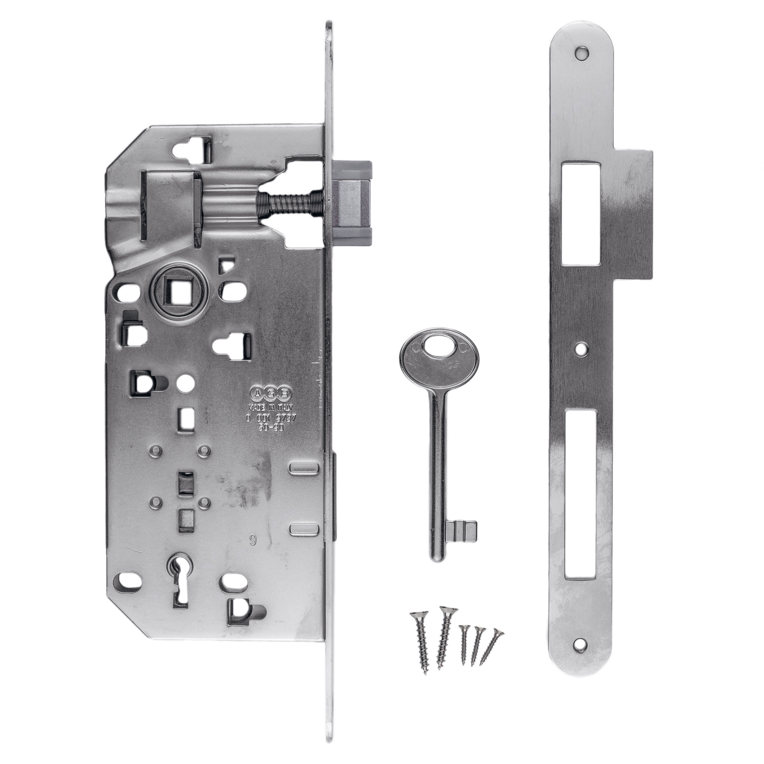 Serrure agb inox look 90 mm + contre-plaque   étroite droite