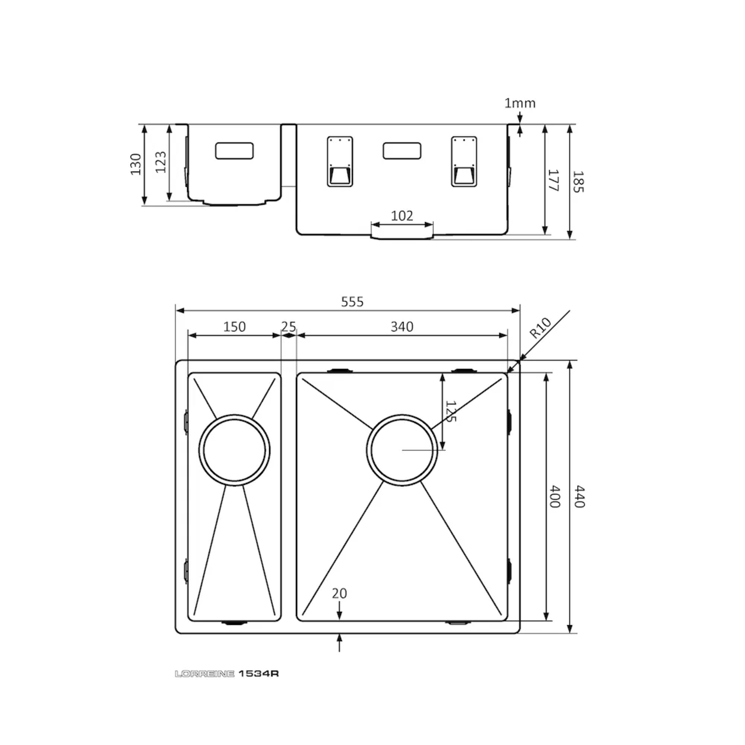 LR spoelbak 1534R RVS 555X440