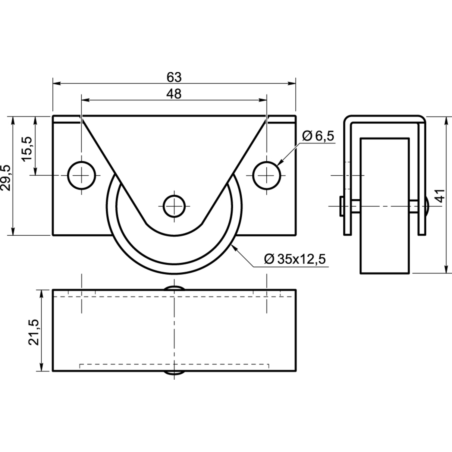 Roulette 35mm 30kg plastique-boitier zingue  montage cote