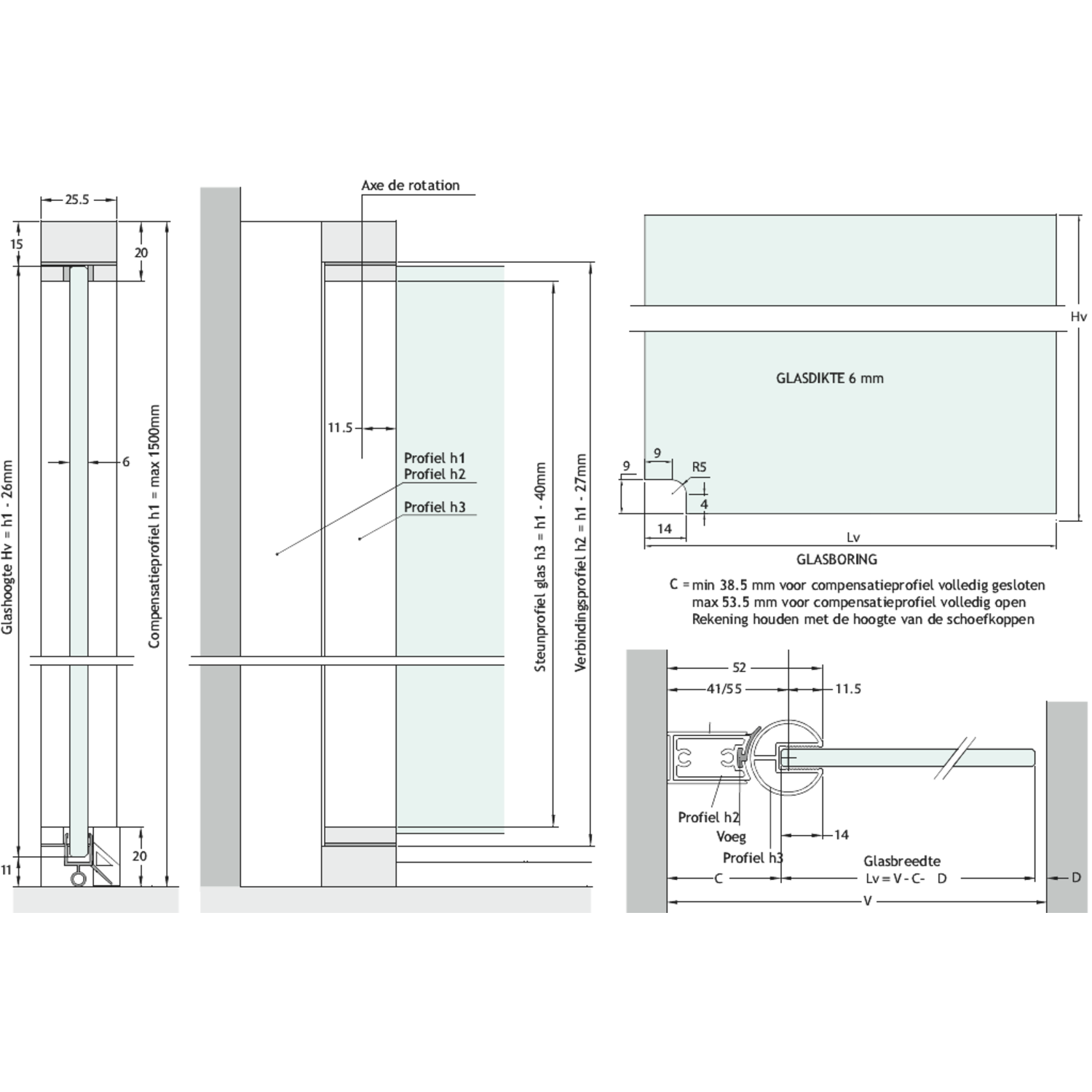 Scharnier over volledige hoogte voor badrand, voor 6 mm glas, L1500, glanzend aluminium