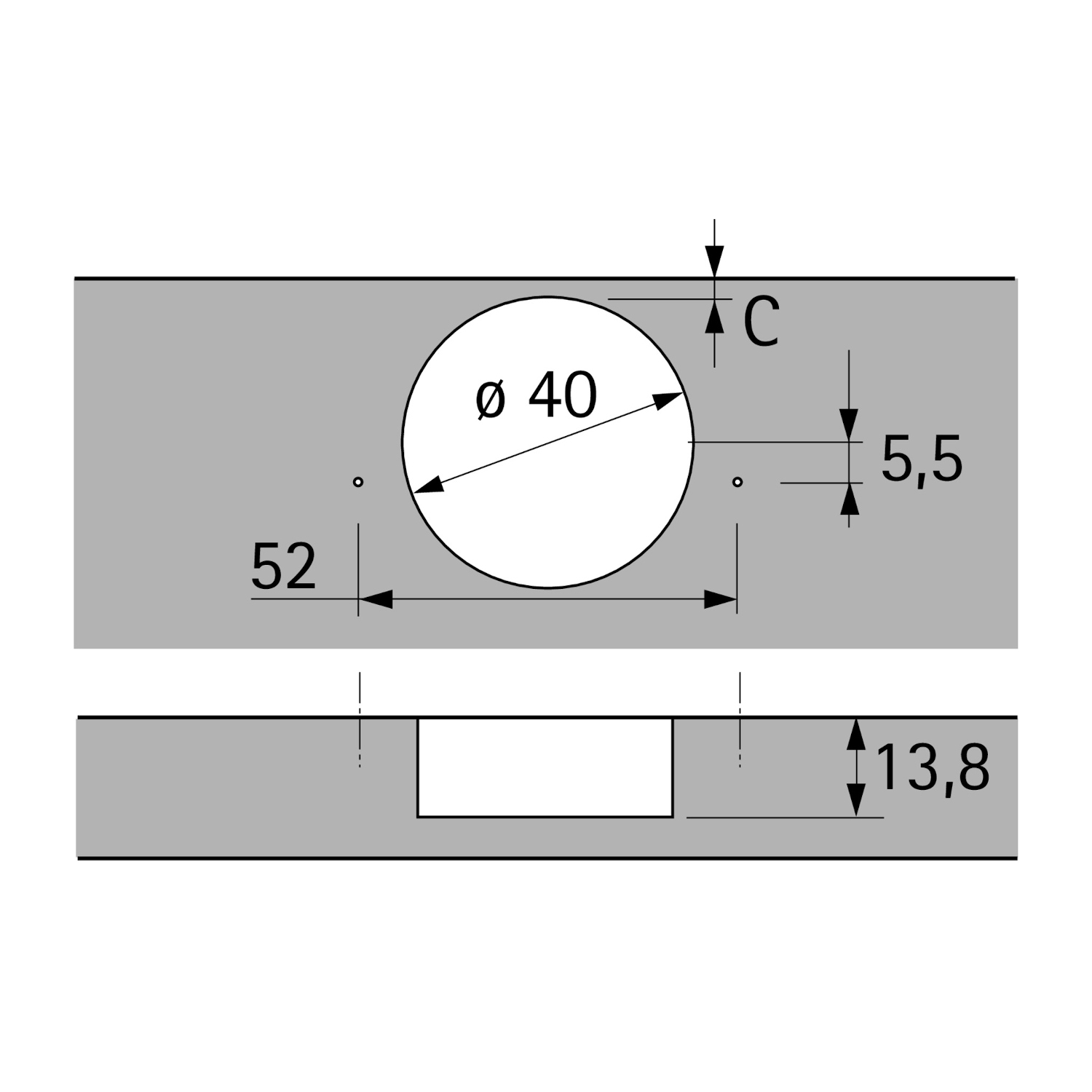 Charnière porte épaisse Intermat Spezial, épaisseur de la porte jusqu’à 43 mm (Intermat 9935), rentrant, Angle d'ouverture  95°, TH-schéma de perçage 52 x 5,5 mm, à visser (-)