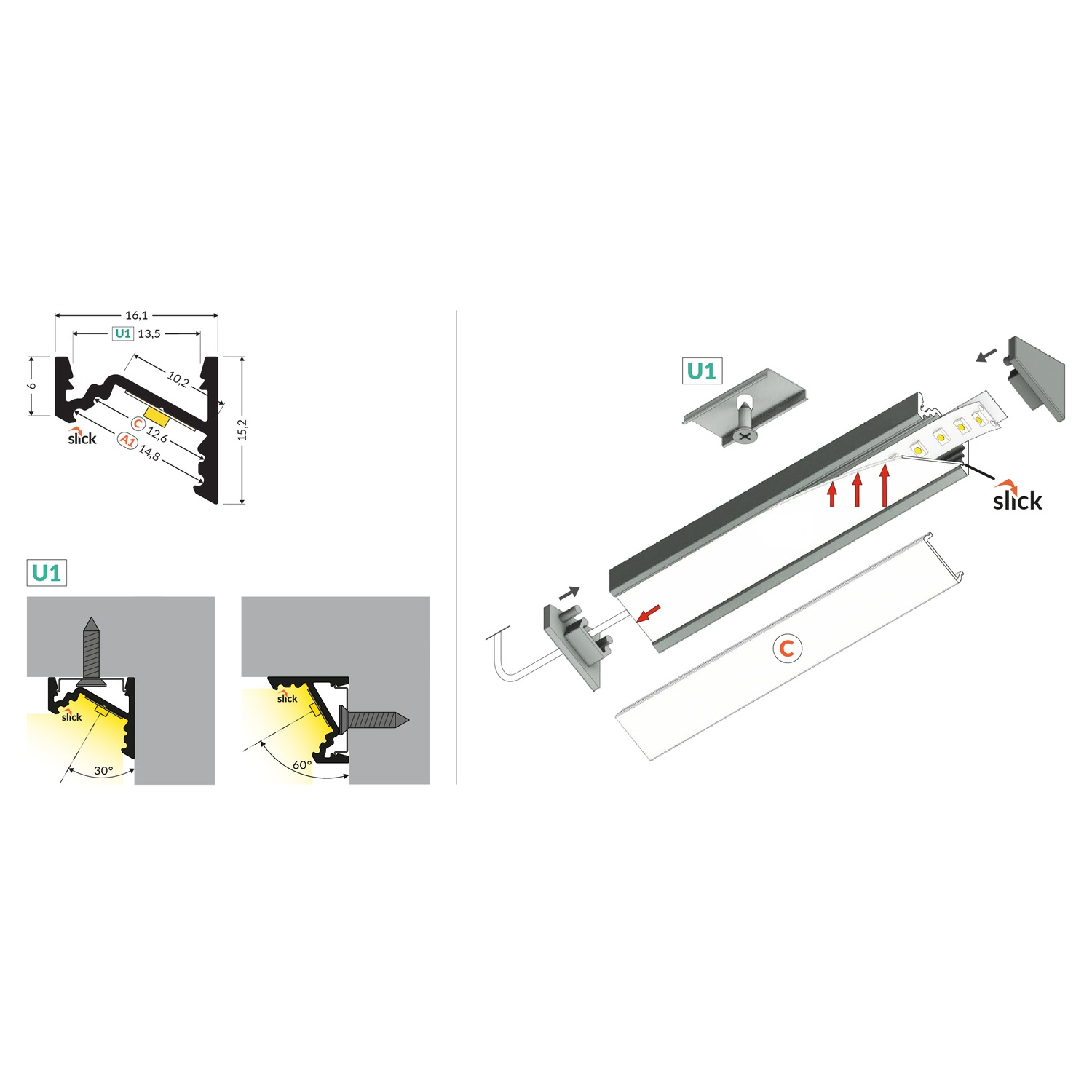 Profilé Led corner10 c/u1 3000 anodisé 