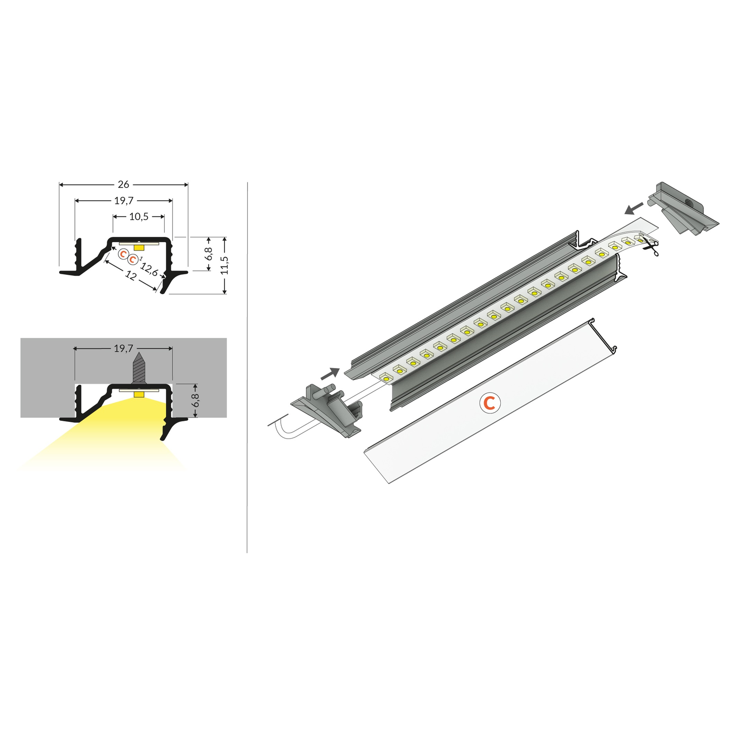 Profilé Led diagonal10 C 2000 anodisé 