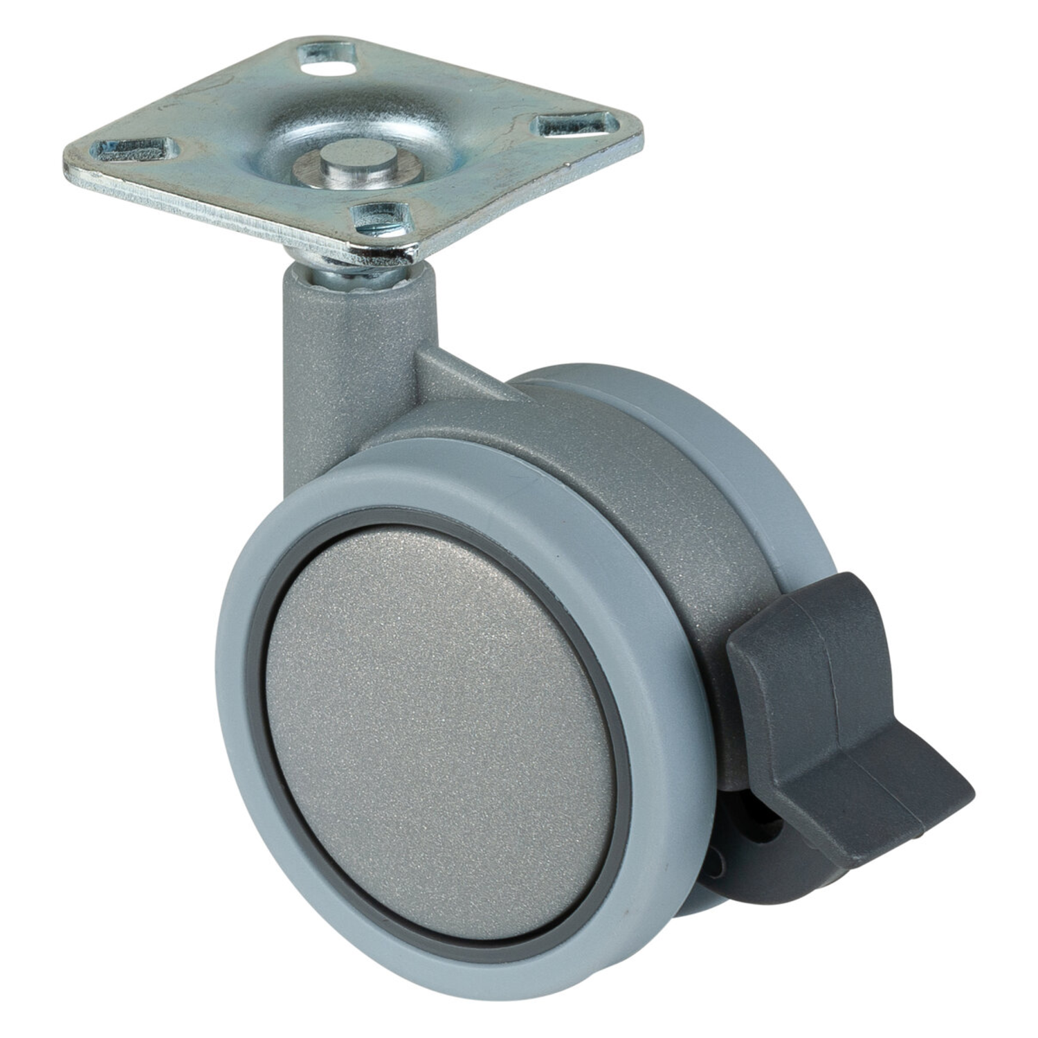 Roulette double plast.d.60mm+frein gris 30kg  avec plaque