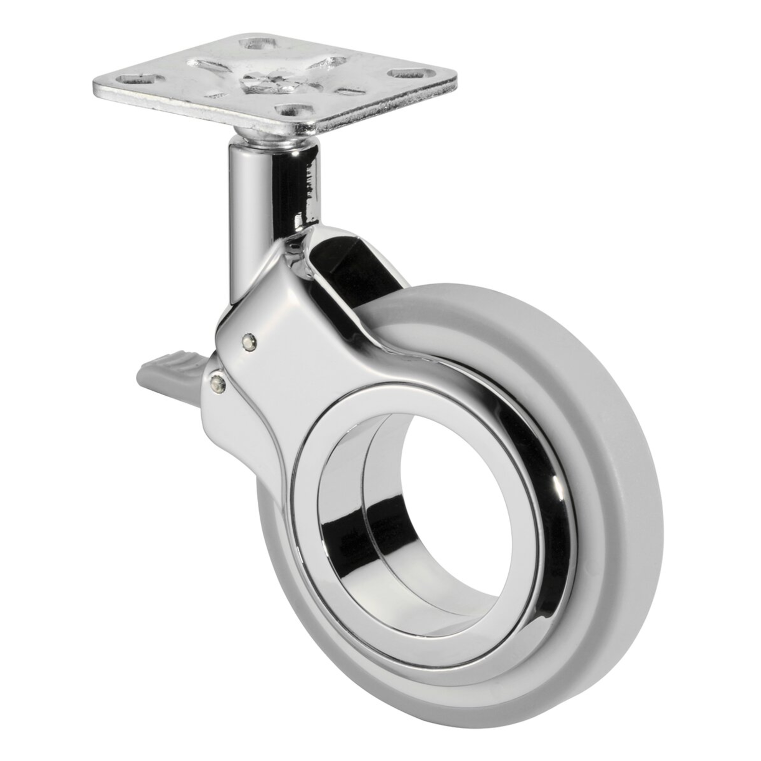 Zwenkwiel+rem d.75 h.108 50kg chr.-grijs/wit design enkel wiel