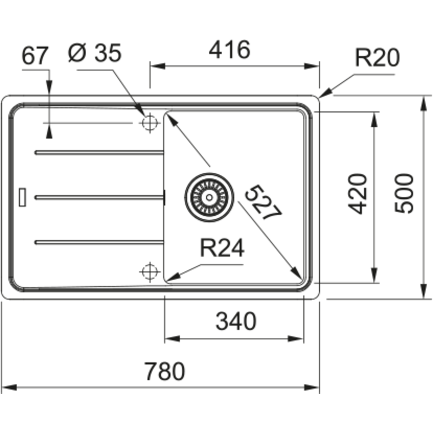 Basis - Inbouwspoeltafel / 780 x 500 mm / 1 bak / Koffie Room / Omkeerbaar