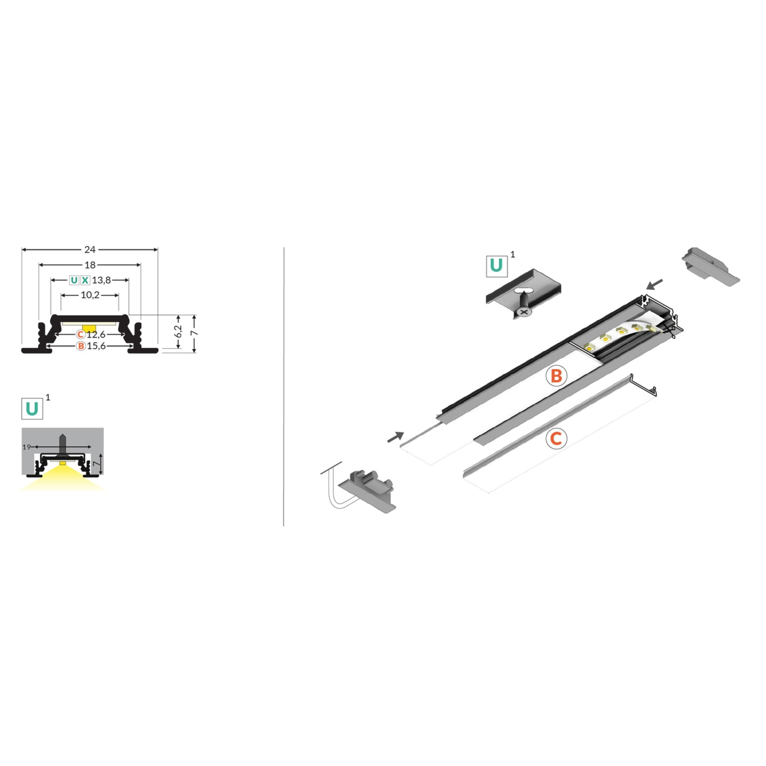 Profilé Led groove10 c/u 2000 noir anodisé 