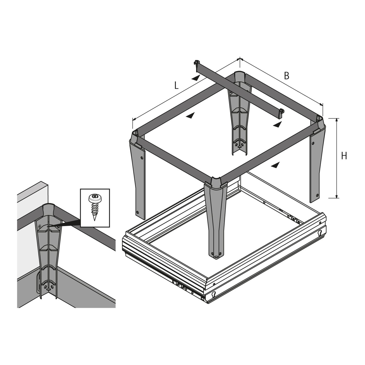 Insteekbaar hangmapframe bureau onderkast, zwart, 710x244x350 mm