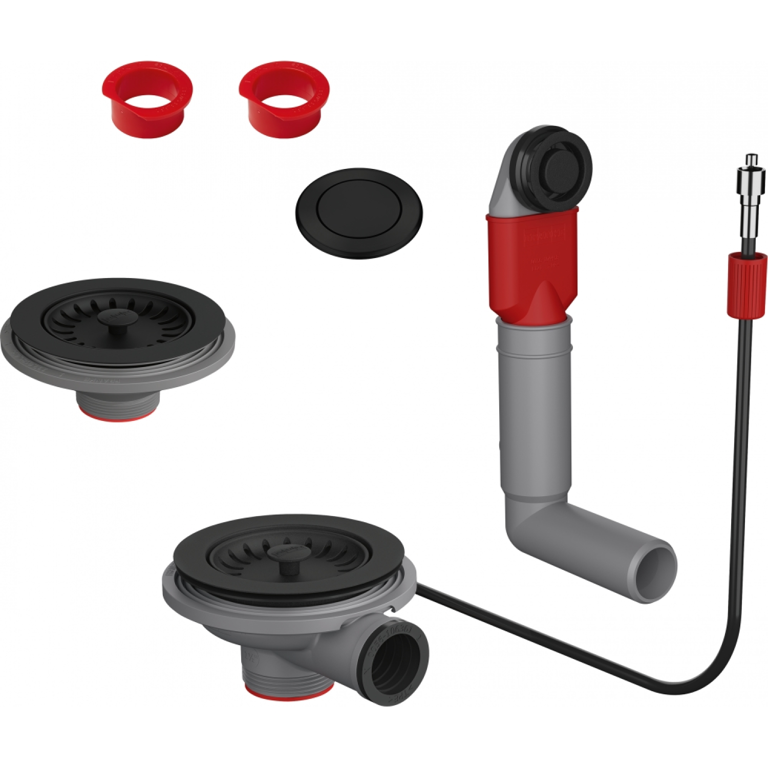 Colorline - Automatisch ventielset voor 2 bakken, geïntegreerde ronde overloop, spacer, zwart mat, drukknop zwart mat