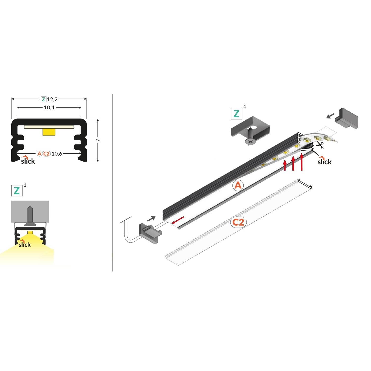 Led profiel Slim8 ac2 Z 3000 zwart geanodiseerd