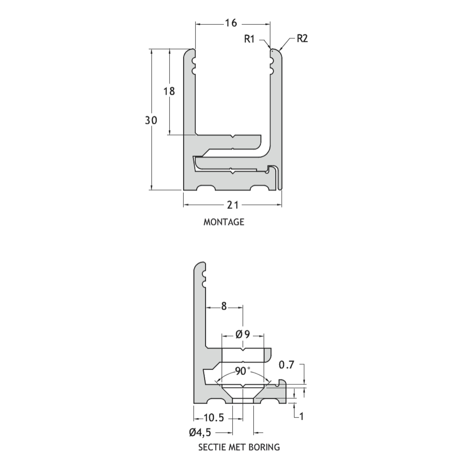 Voorgeboord klikprofiel PROFIX, voor 8/13.5 mm glas, B21 H30 L3000, mat aluminium