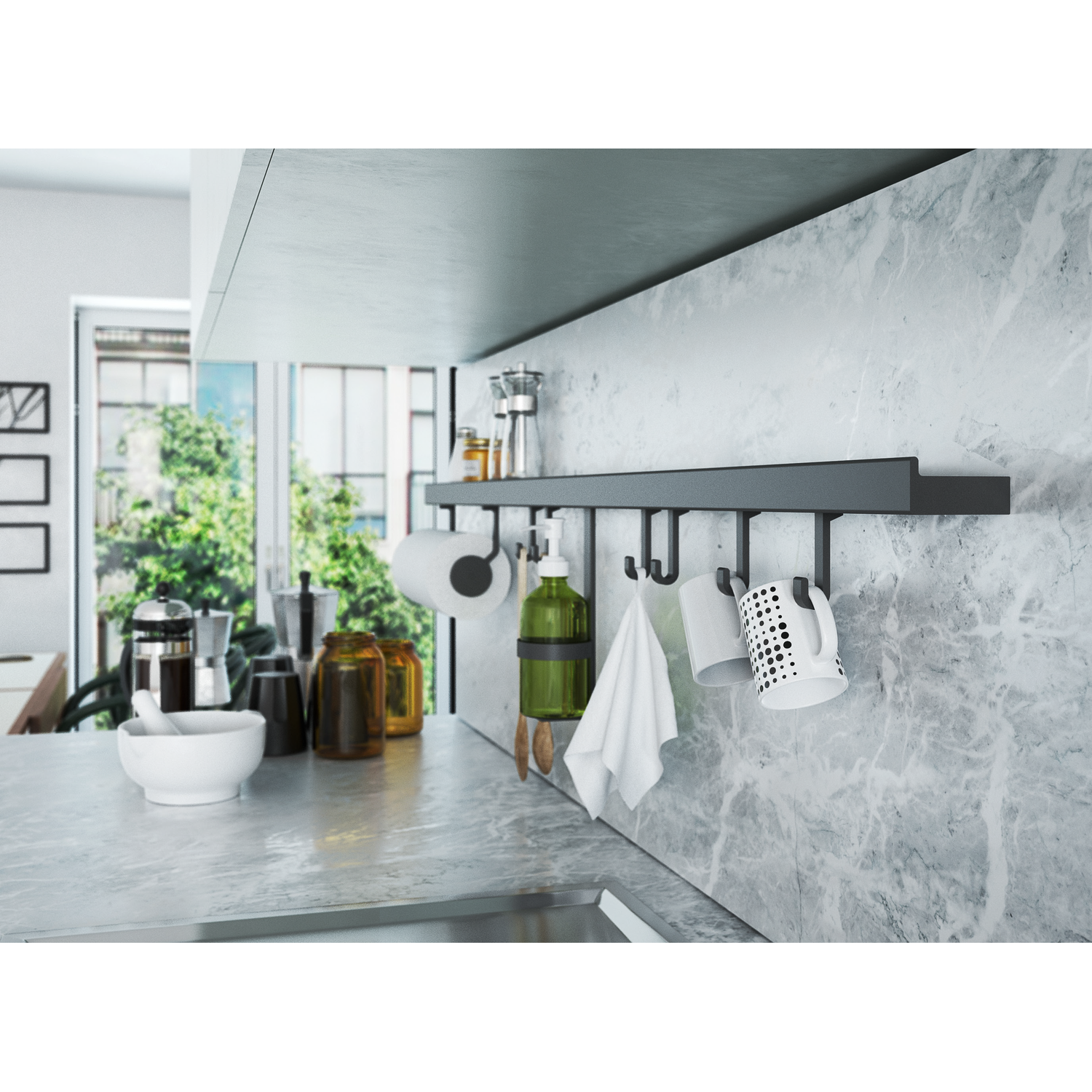 Horizon reling-kit 900mm zwart incl. bevestigingen, 3 haken en rolhouder