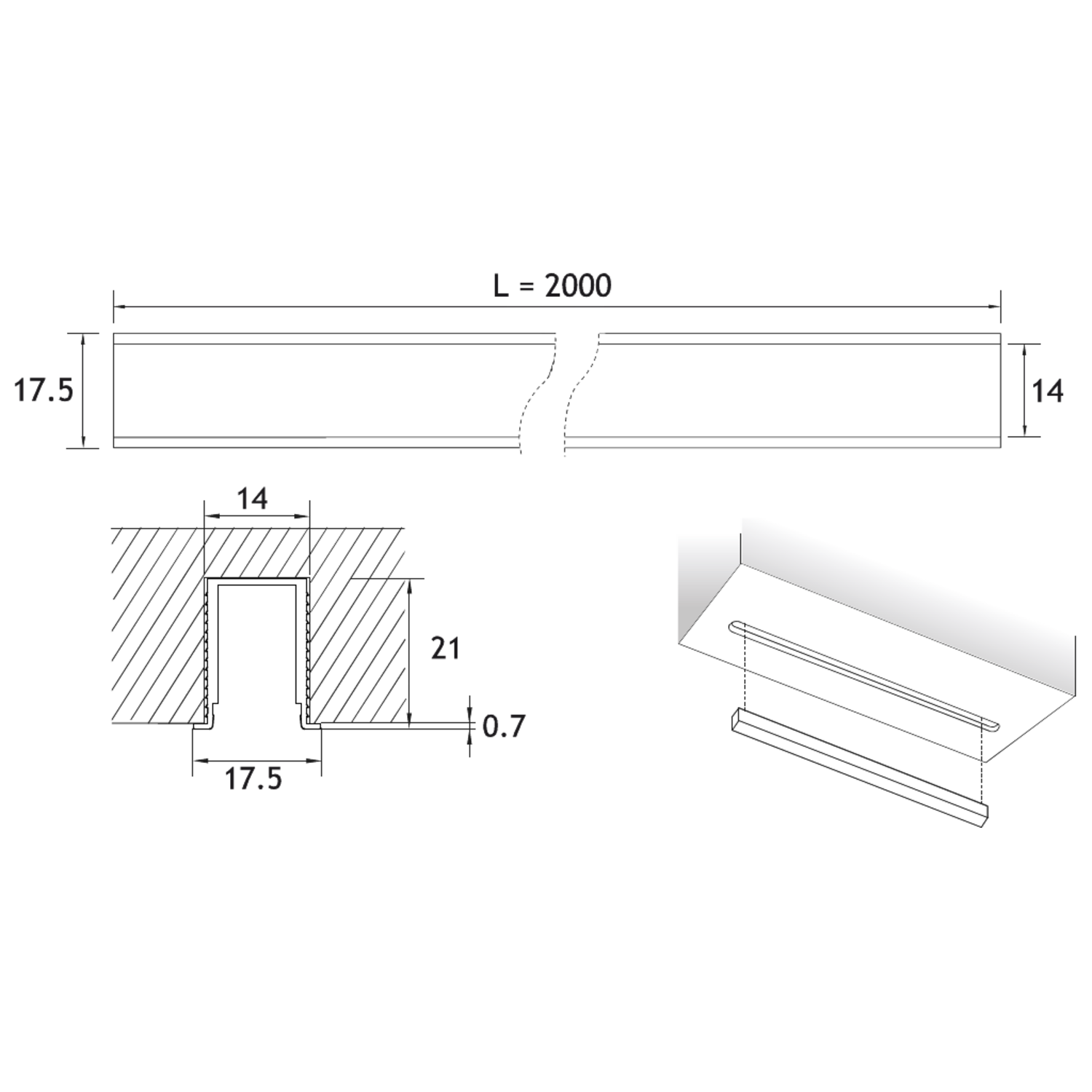 Profil led Channelline Micro net encastre 2000mm A lu avec cache pvc