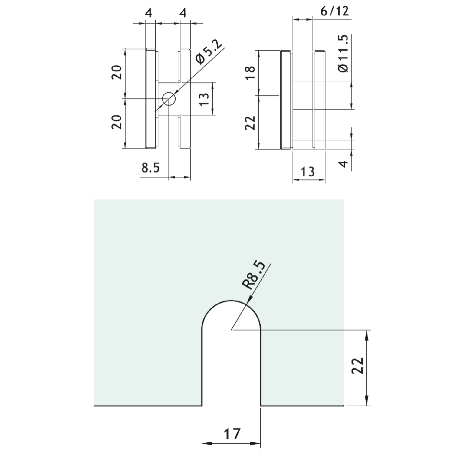 Klem wand/glas gelijk met de wand, voor 6/12 mm glas, B40 H40, geborsteld rvs effect