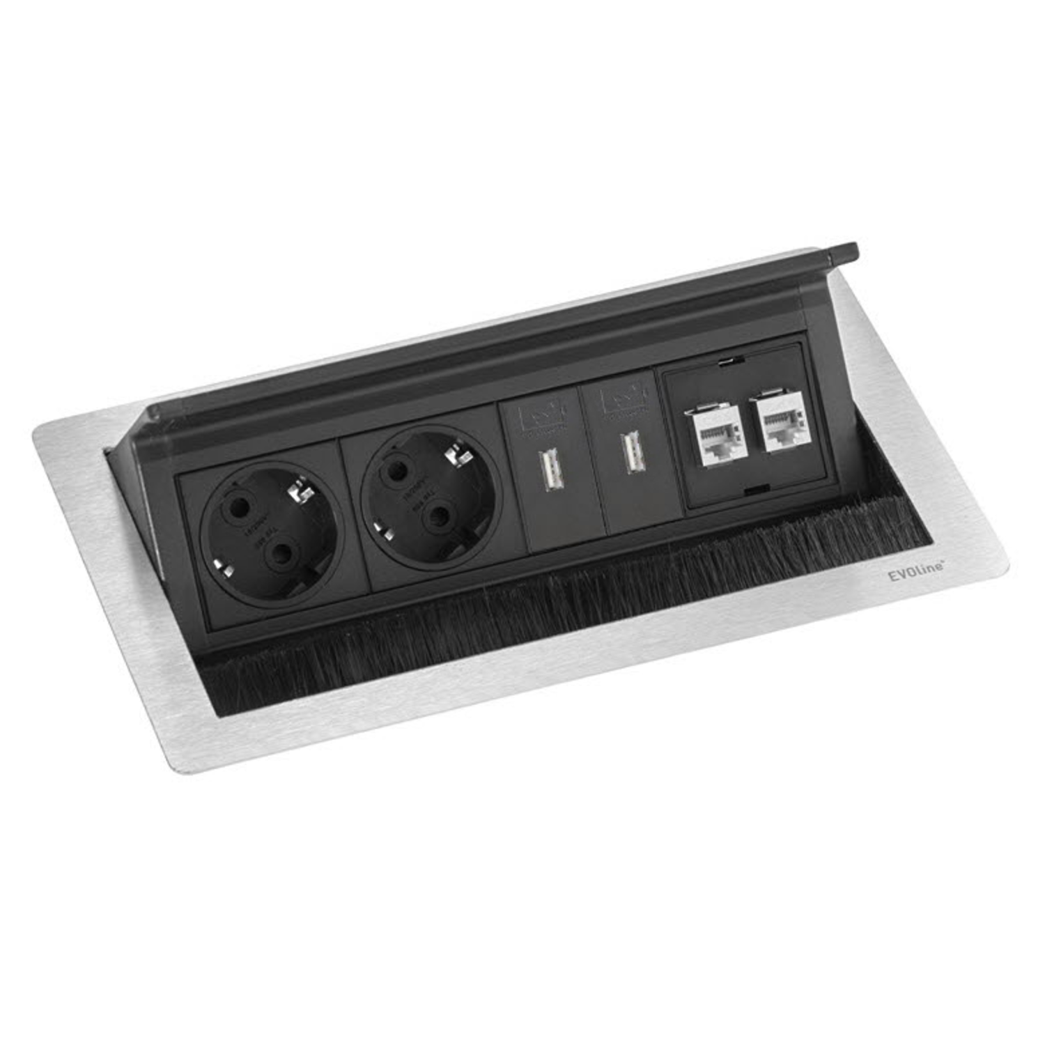 Evoline flip top push data/usb  medium inox b-f  2 prises + 2 rj45 + 2usb