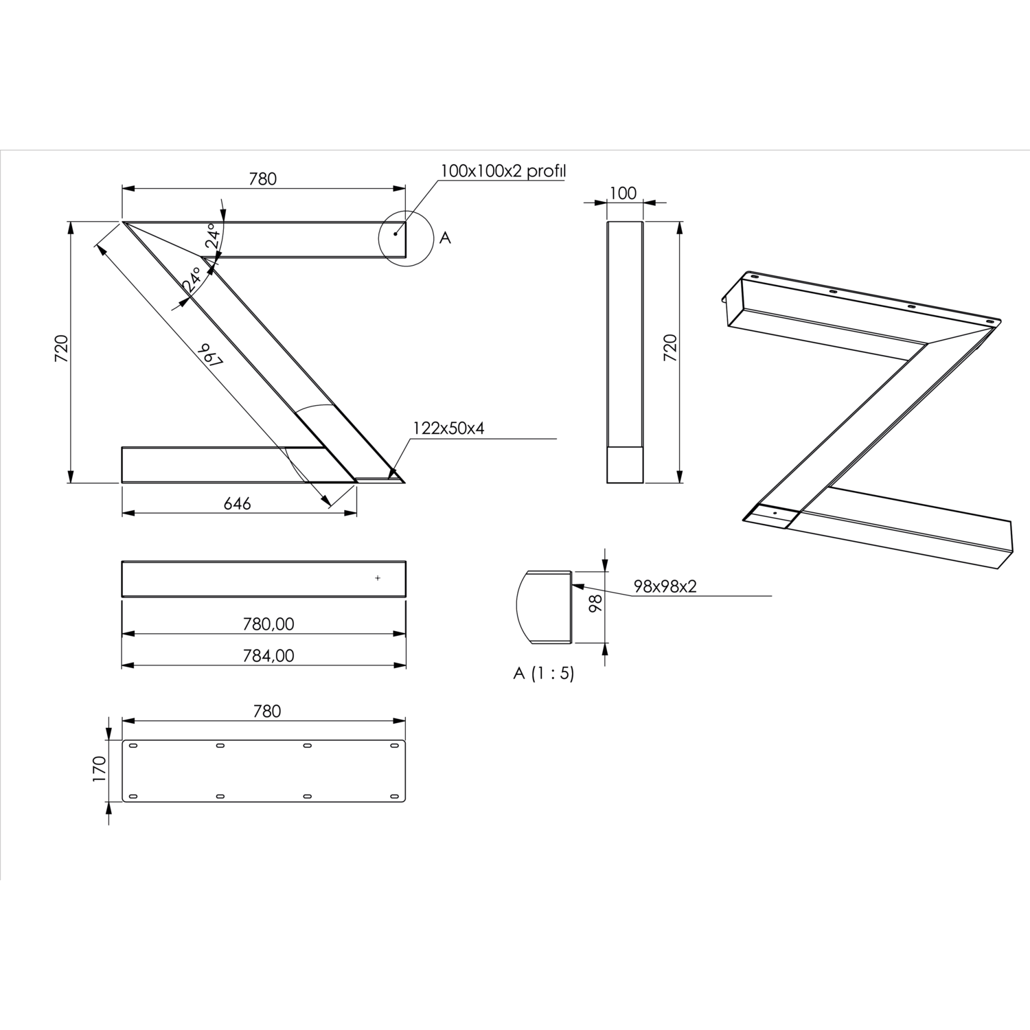 Piètement z 100 x 100 mm noir mat h.720 x l.780 mm 