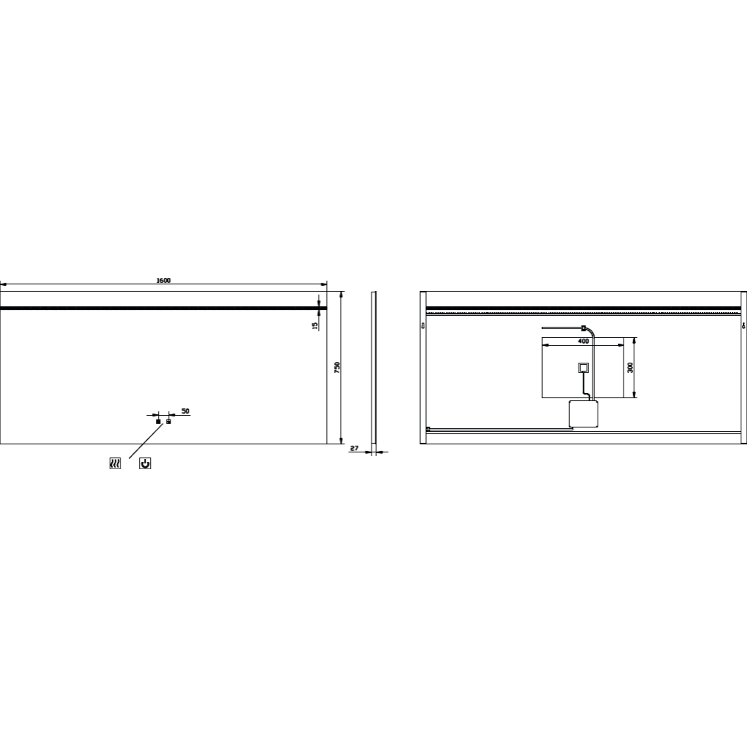 Spiegel 1600x750 led boven+kelvinch.+verwarming
