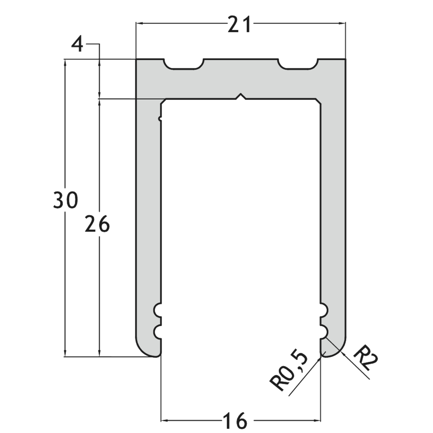 U-profiel PROFIX, voor 8/13.5 mm glas, B21 H30 L3000, aluminium met geborsteld rvs effect