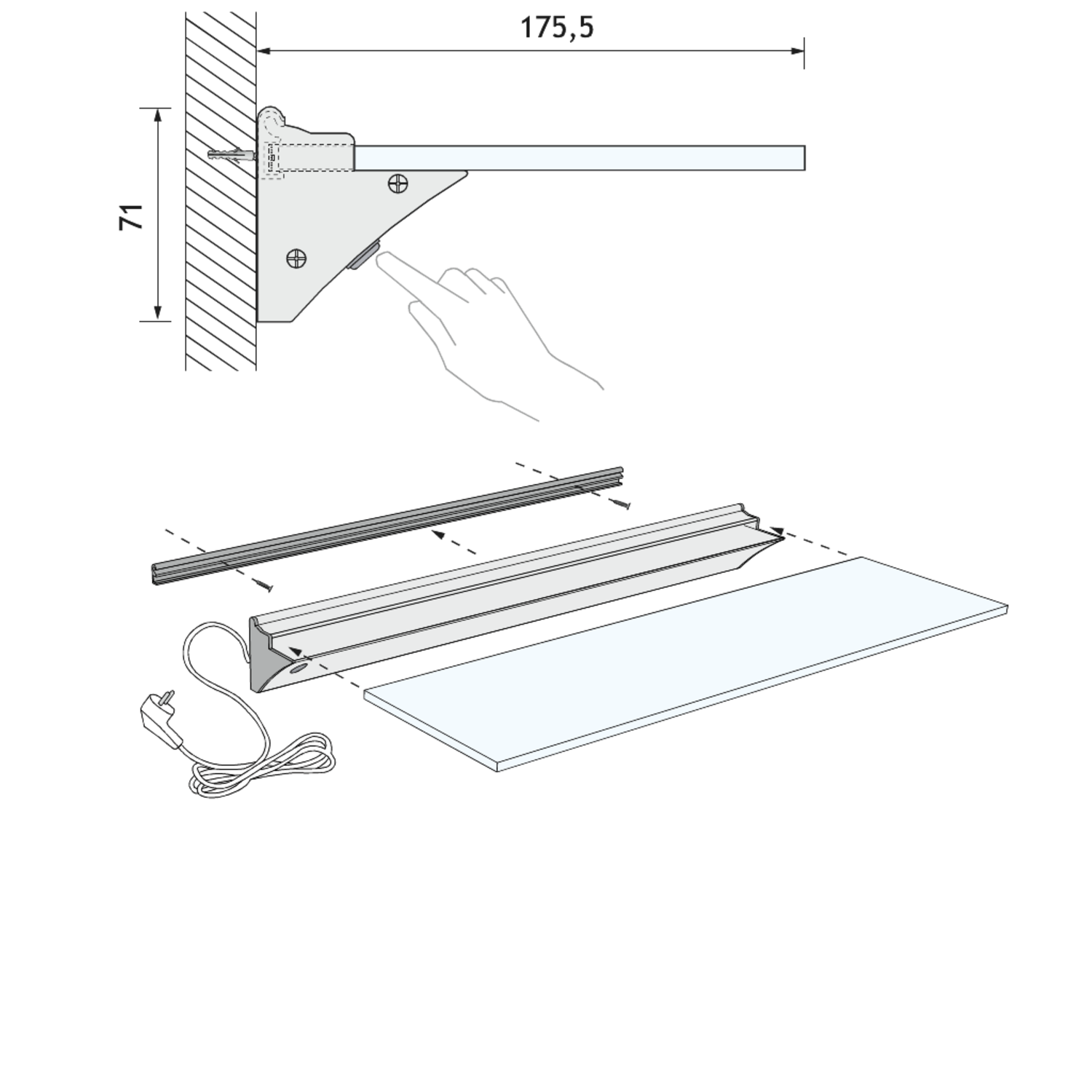 Mono teo led tablette verre 900mm 4,8W 230V 4000K 