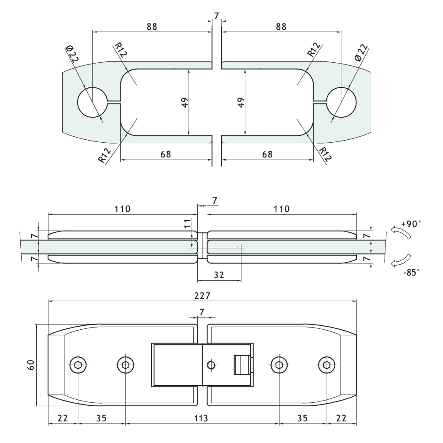 Charnière serie 600 régl.verre/verre 8/12mm ligne inox look